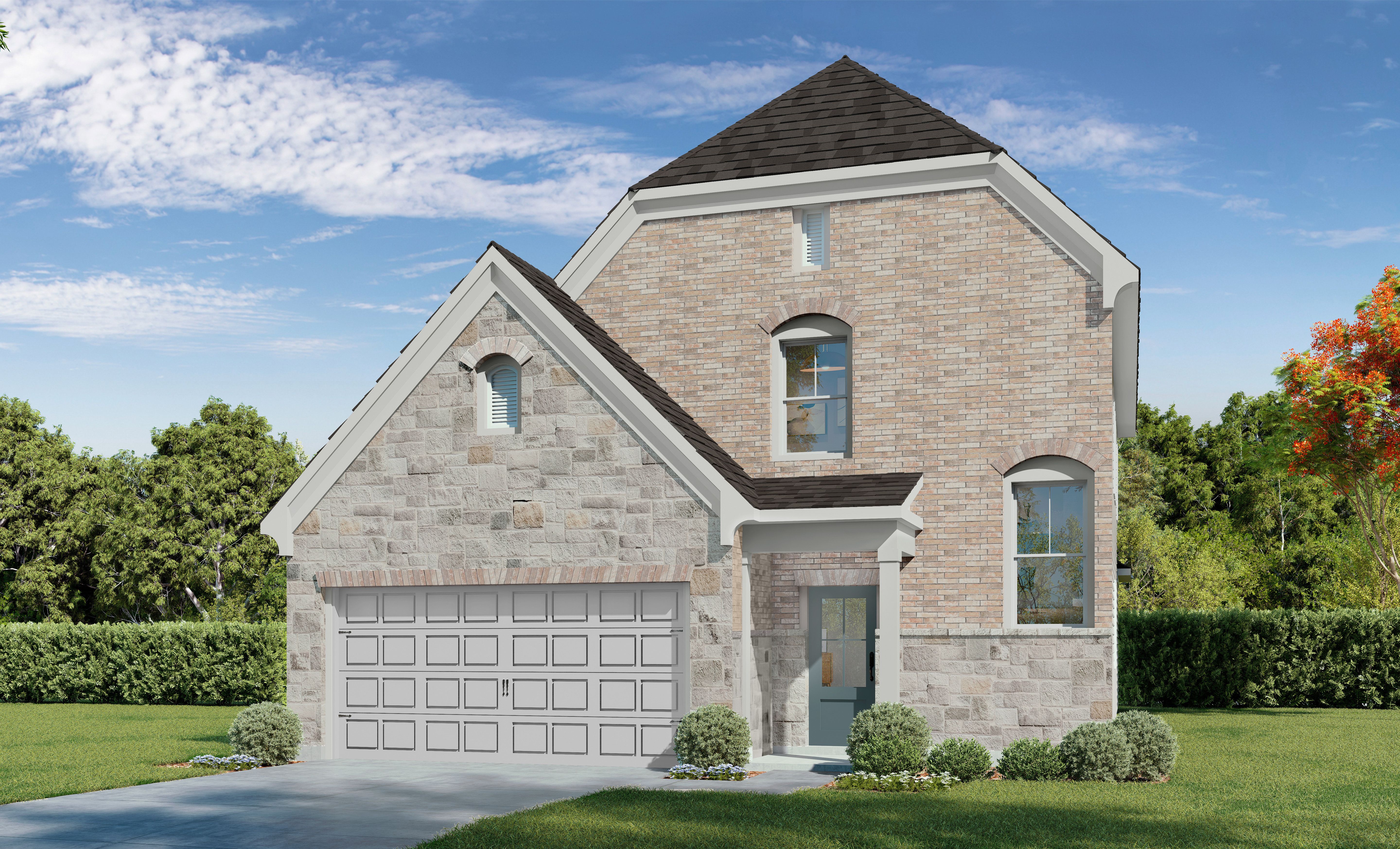 The Verano H elevation by Davidson Homes showcasing a 2-story brick and stone exterior with a 2-car garage in Crosby, TX.
