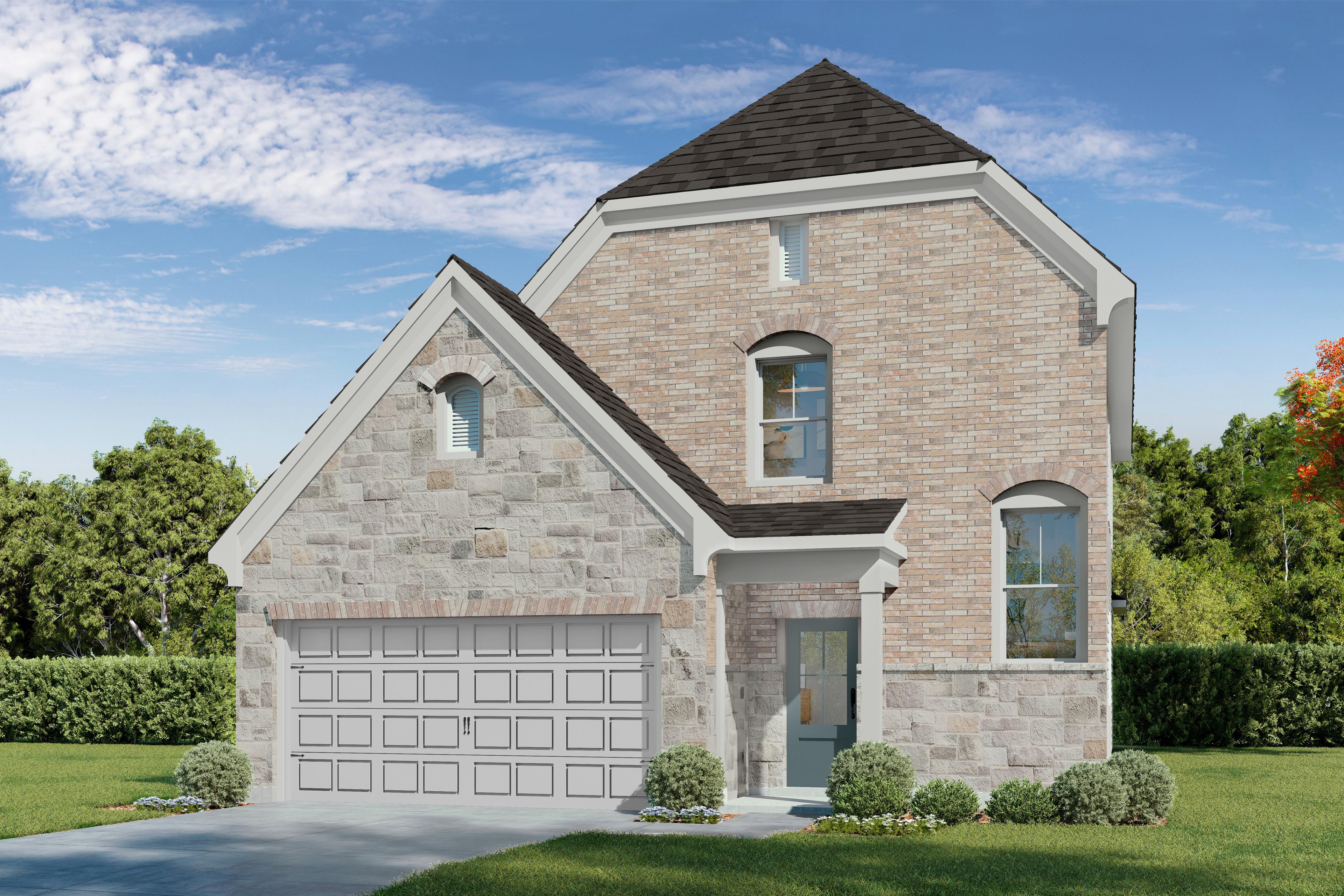 The Verano H elevation by Davidson Homes showcasing a 2-story brick and stone exterior with a 2-car garage in Crosby, TX.