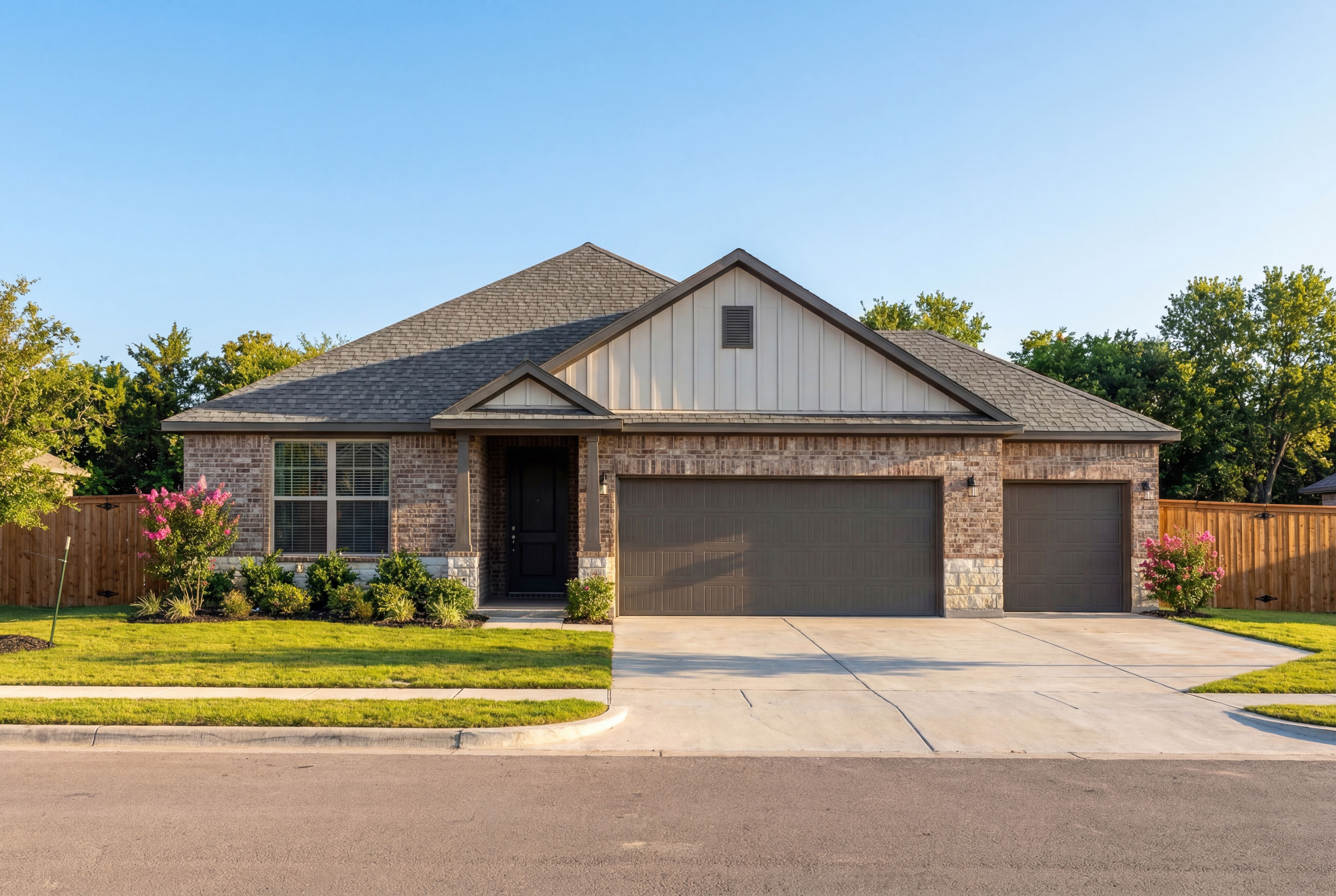 Stylish single-story exterior of The Daphne G with beige siding, brick accents, 3-car garage, and landscaped front yard in Josephine, Texas