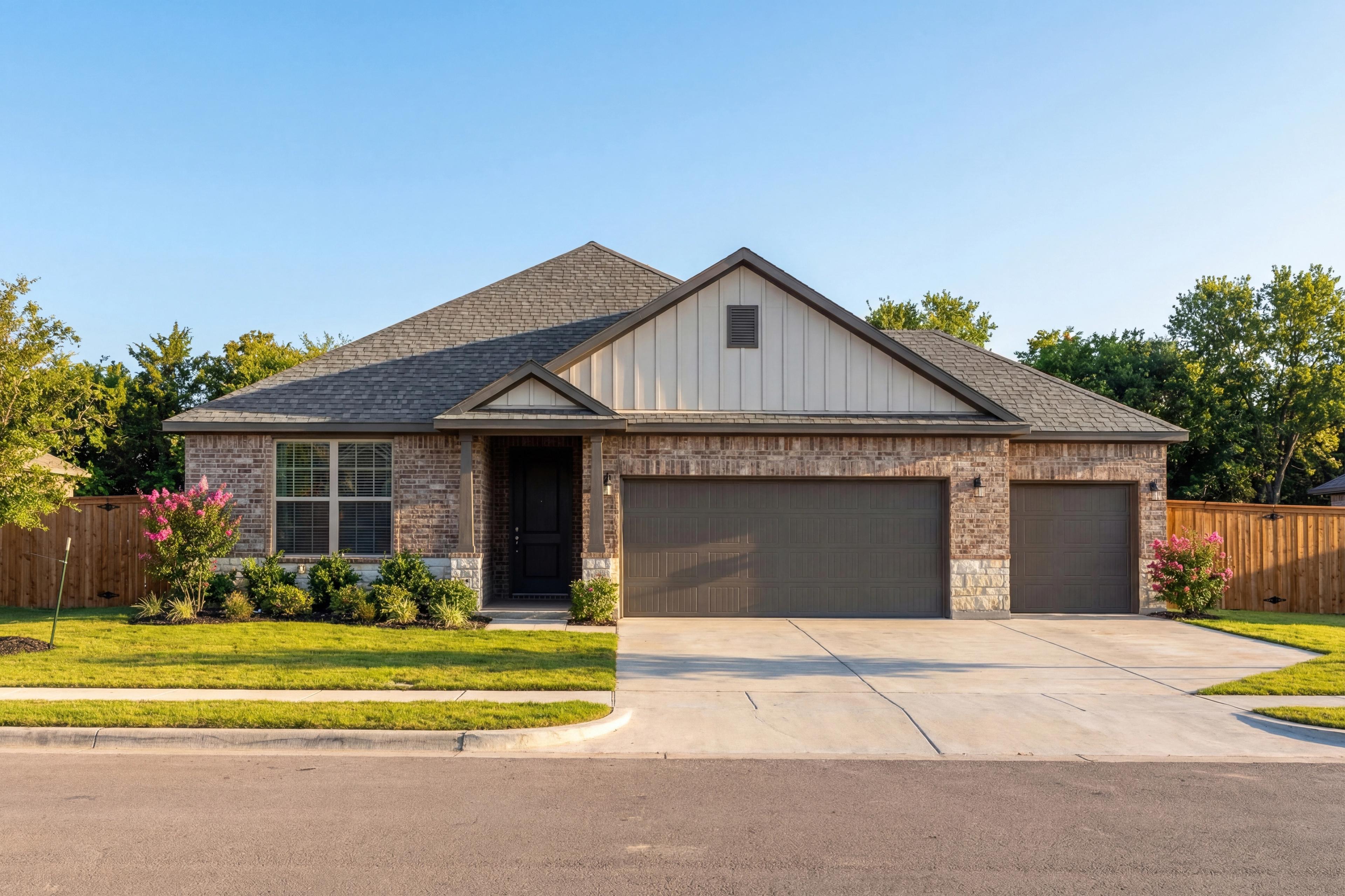 Stylish single-story exterior of The Daphne G with beige siding, brick accents, 3-car garage, and landscaped front yard in Josephine, Texas