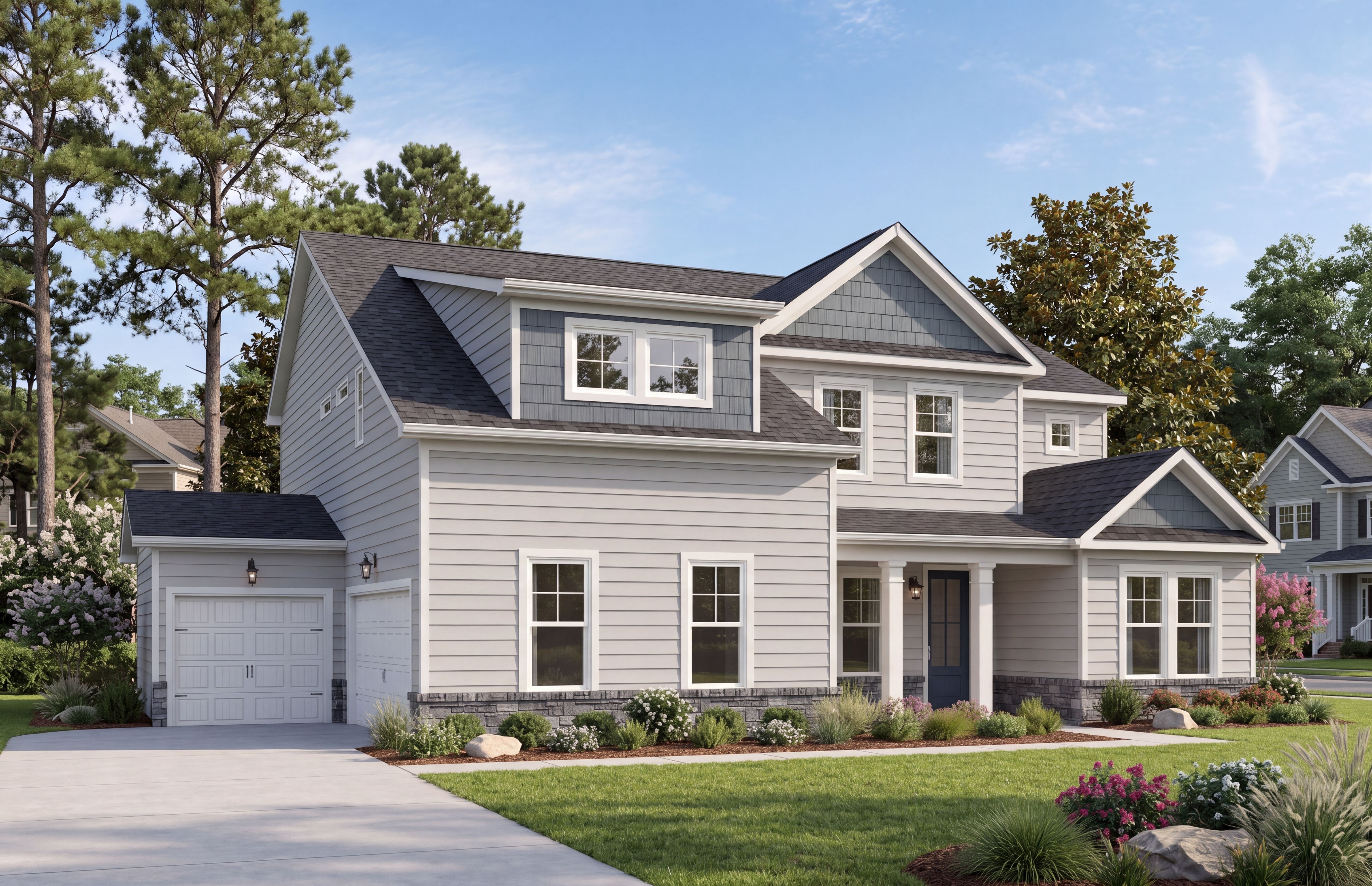 Single-family home exterior at Rockport in Wake Forest, NC, featuring Davidson Homes architecture and a two-car garage.