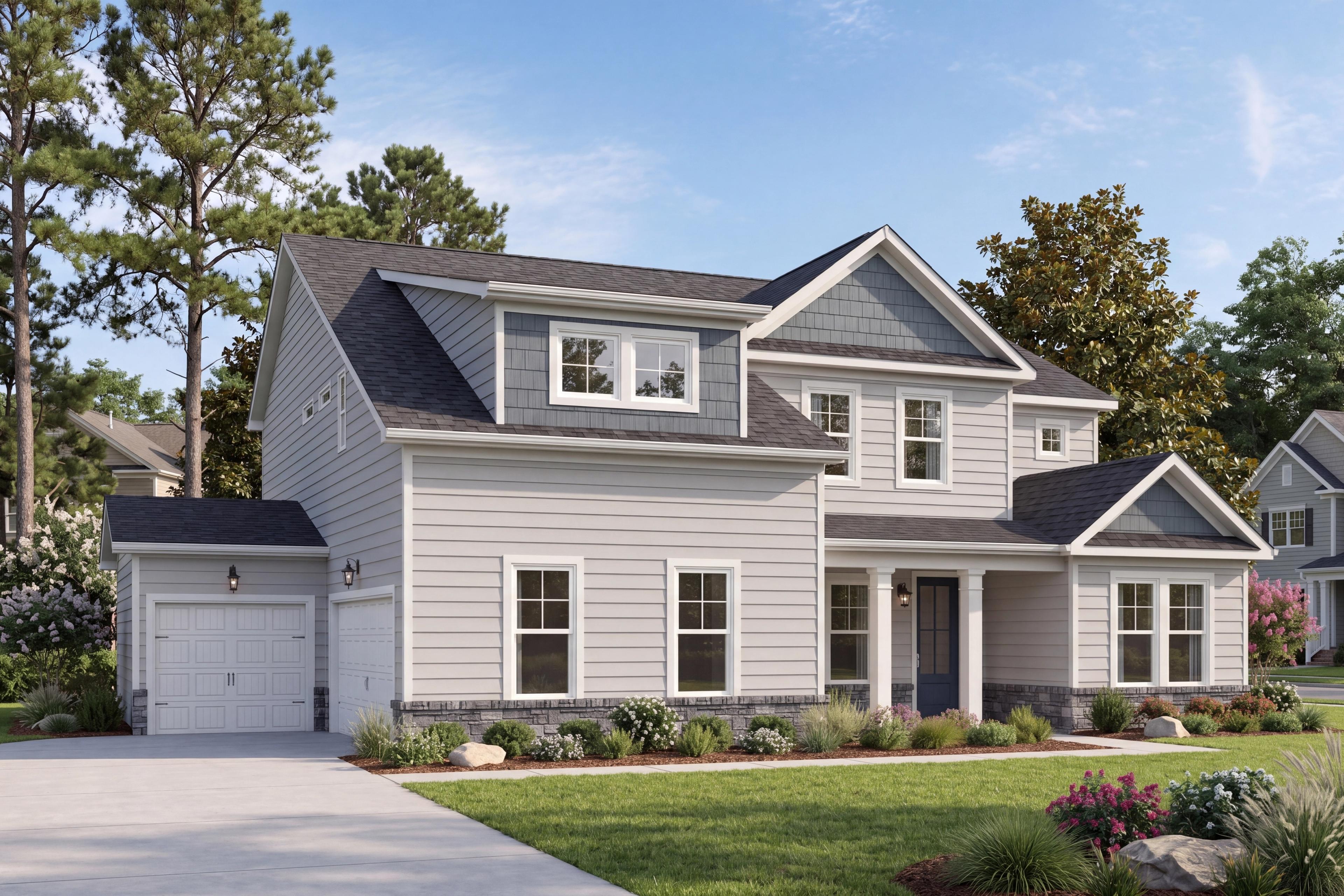 Single-family home exterior at Rockport in Wake Forest, NC, featuring Davidson Homes architecture and a two-car garage.