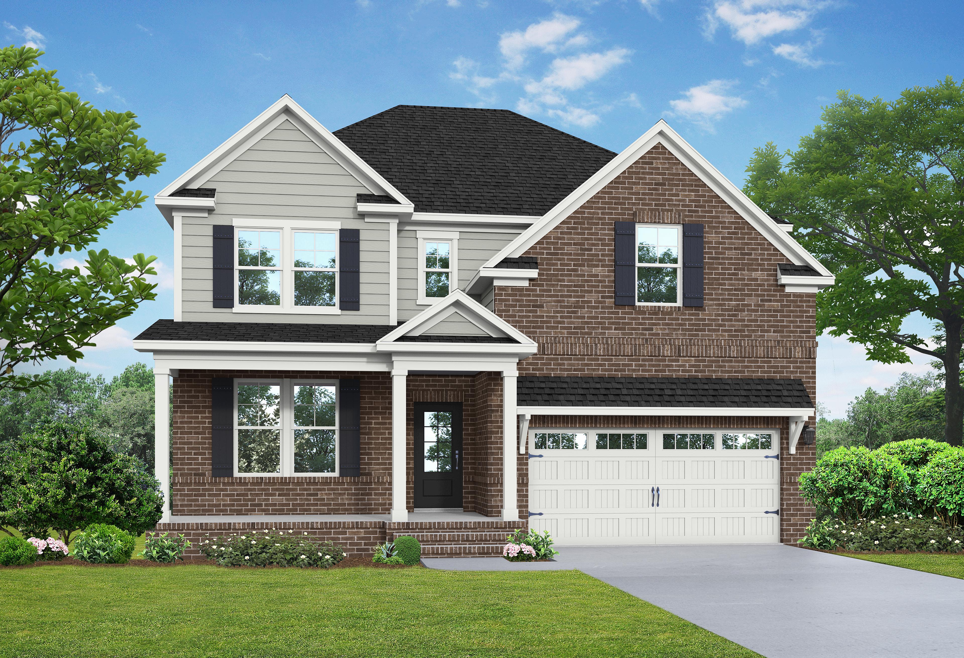 Two-story Hemlock F elevation by Davidson Homes, brick and gray siding facade, covered porch, two-car garage, Belmont NC landscaping