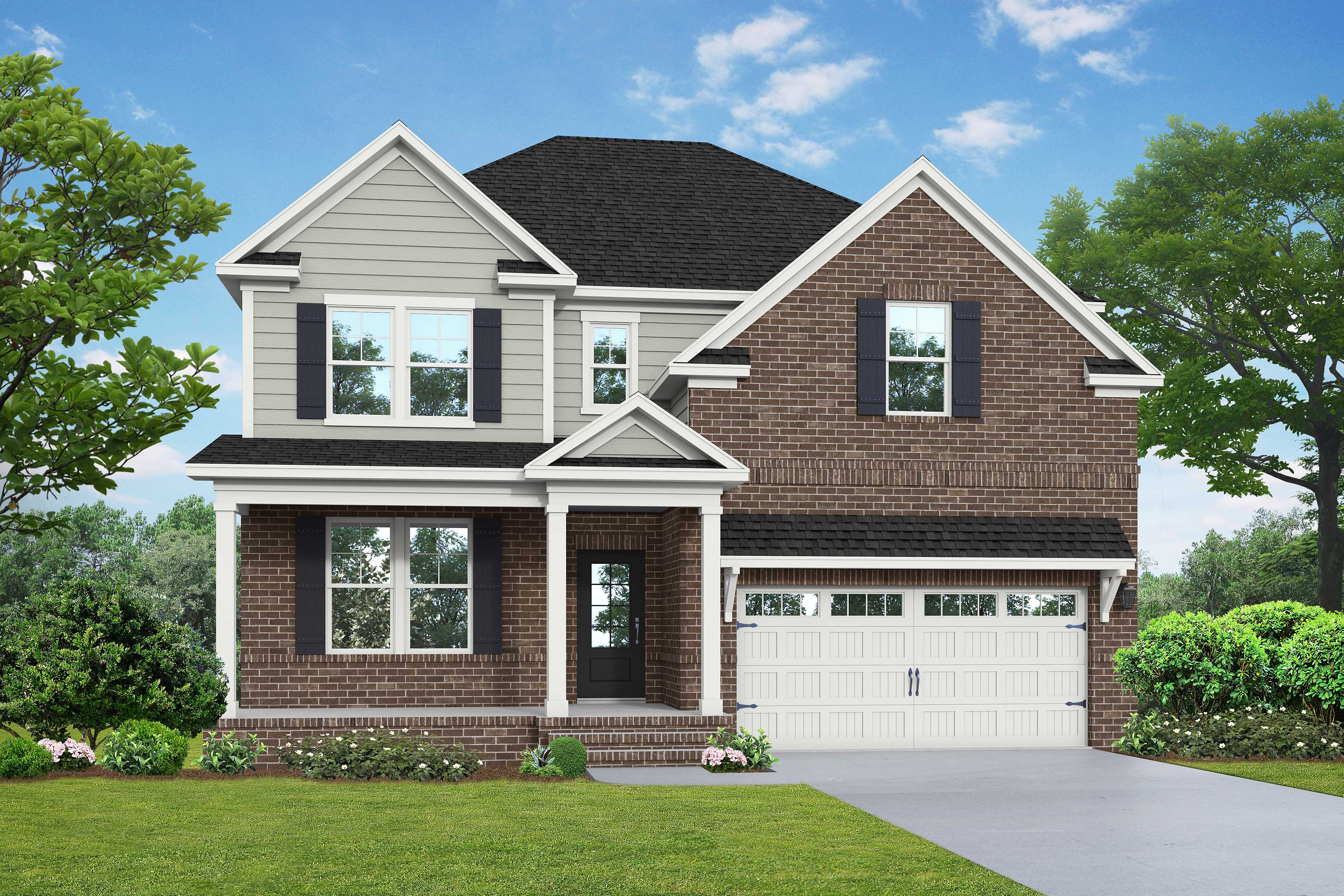 Two-story Hemlock F elevation by Davidson Homes, brick and gray siding facade, covered porch, two-car garage, Belmont NC landscaping