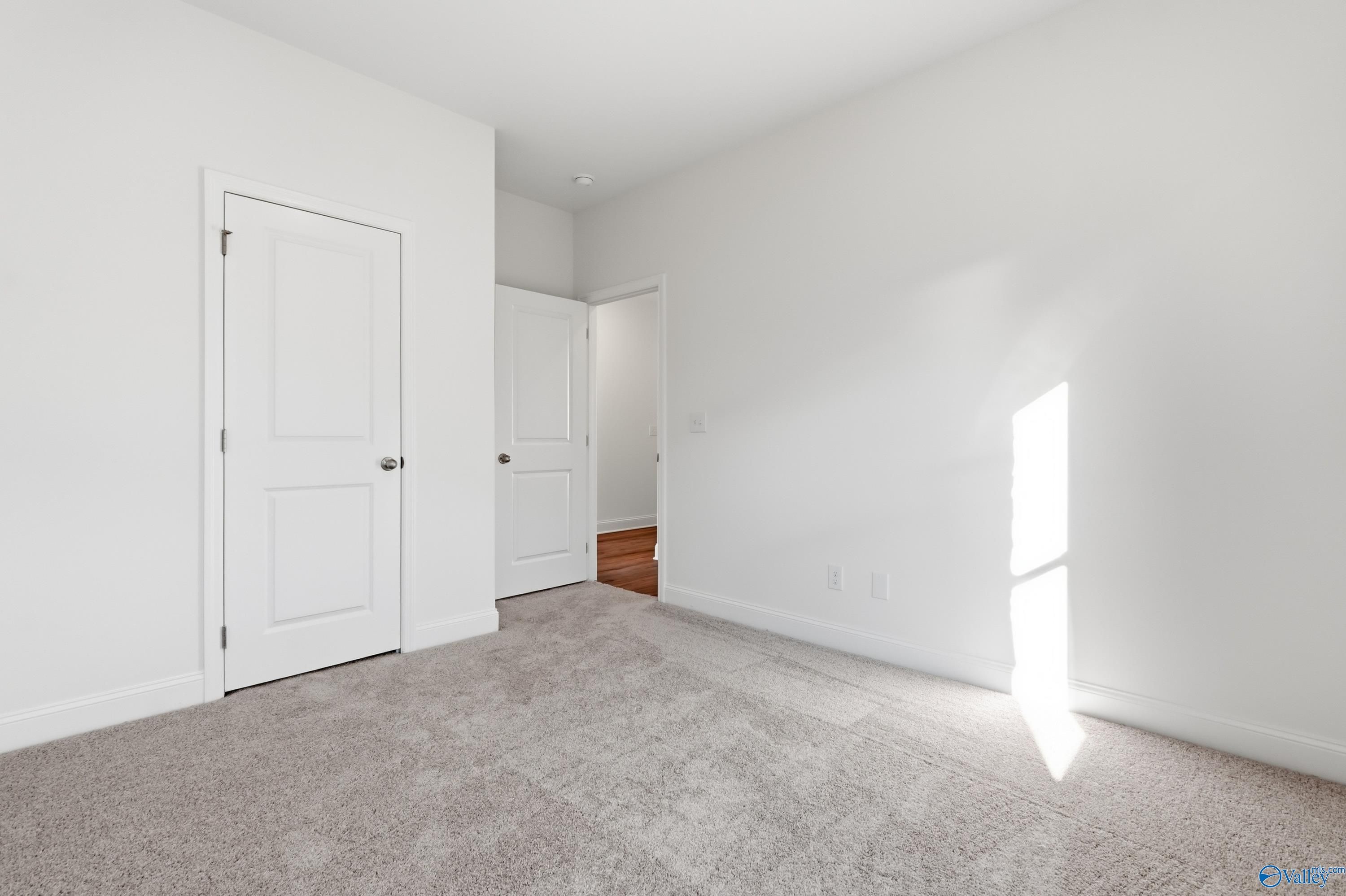 Bright secondary bedroom with white walls, double doors, carpeted floor, and natural light in Davidson Homes The Asheville C, Meridianville, Alabama