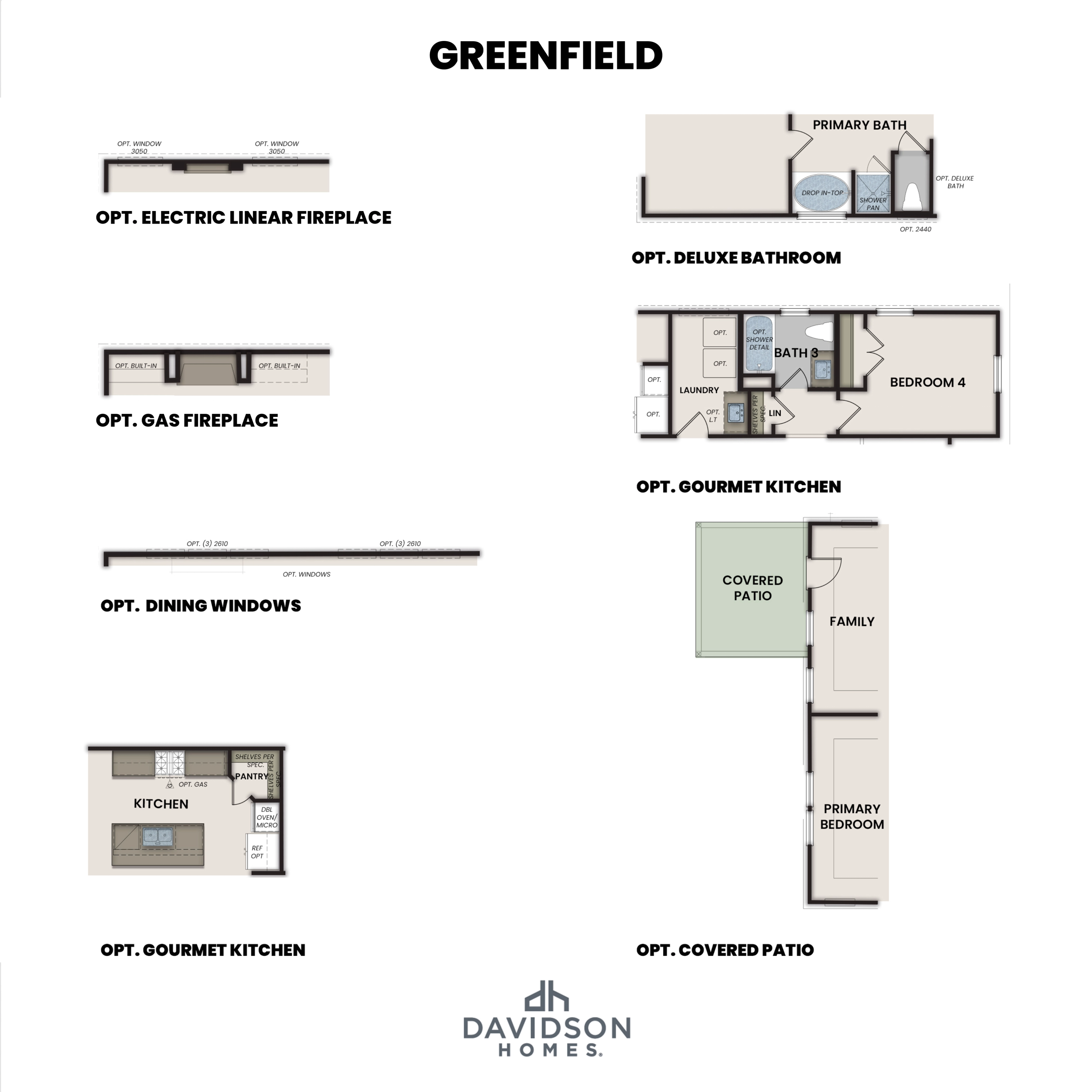 Greenfield floor plan options by Davidson Homes: electric linear fireplace, gas fireplace, gourmet kitchen, deluxe bath, covered patio