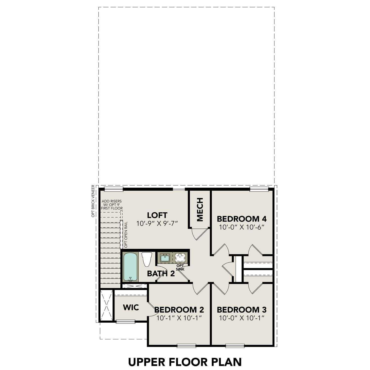 Upper floor plan of The Blanco E: 3 bedrooms, 2 baths, WIC, mechanical room in 4-bed Davidson Homes, Magnolia, Texas