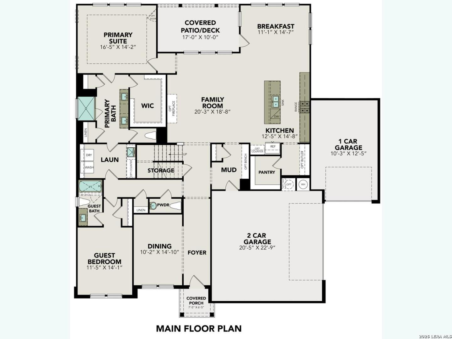 The Belmont H floor plan main level featuring a primary suite, gourmet kitchen, and 3-car garage in Potranco Oaks, Texas.