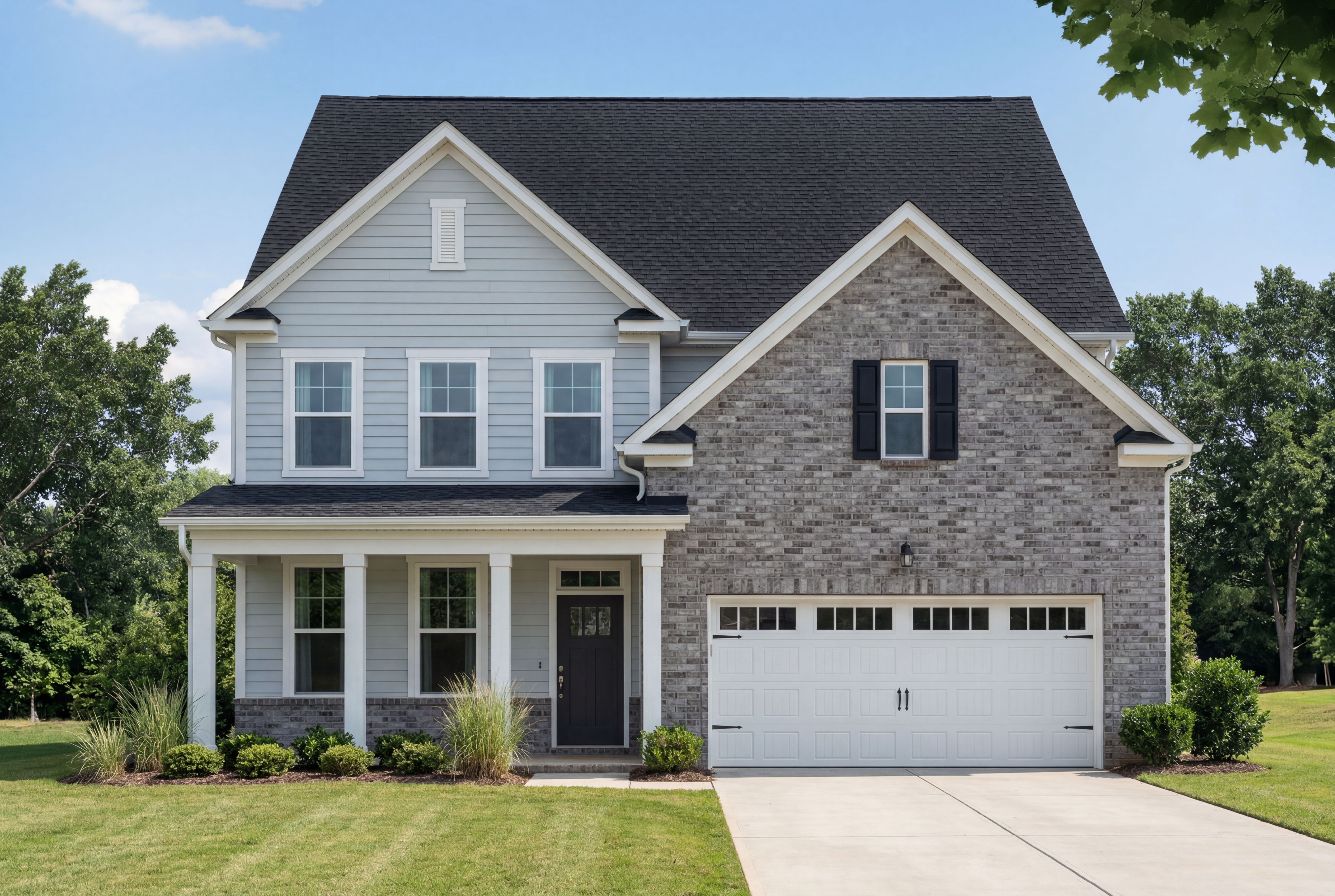 Two-story Hickory C II elevation by Davidson Homes: light blue siding, brick accents, covered porch, two-car garage in Belmont NC
