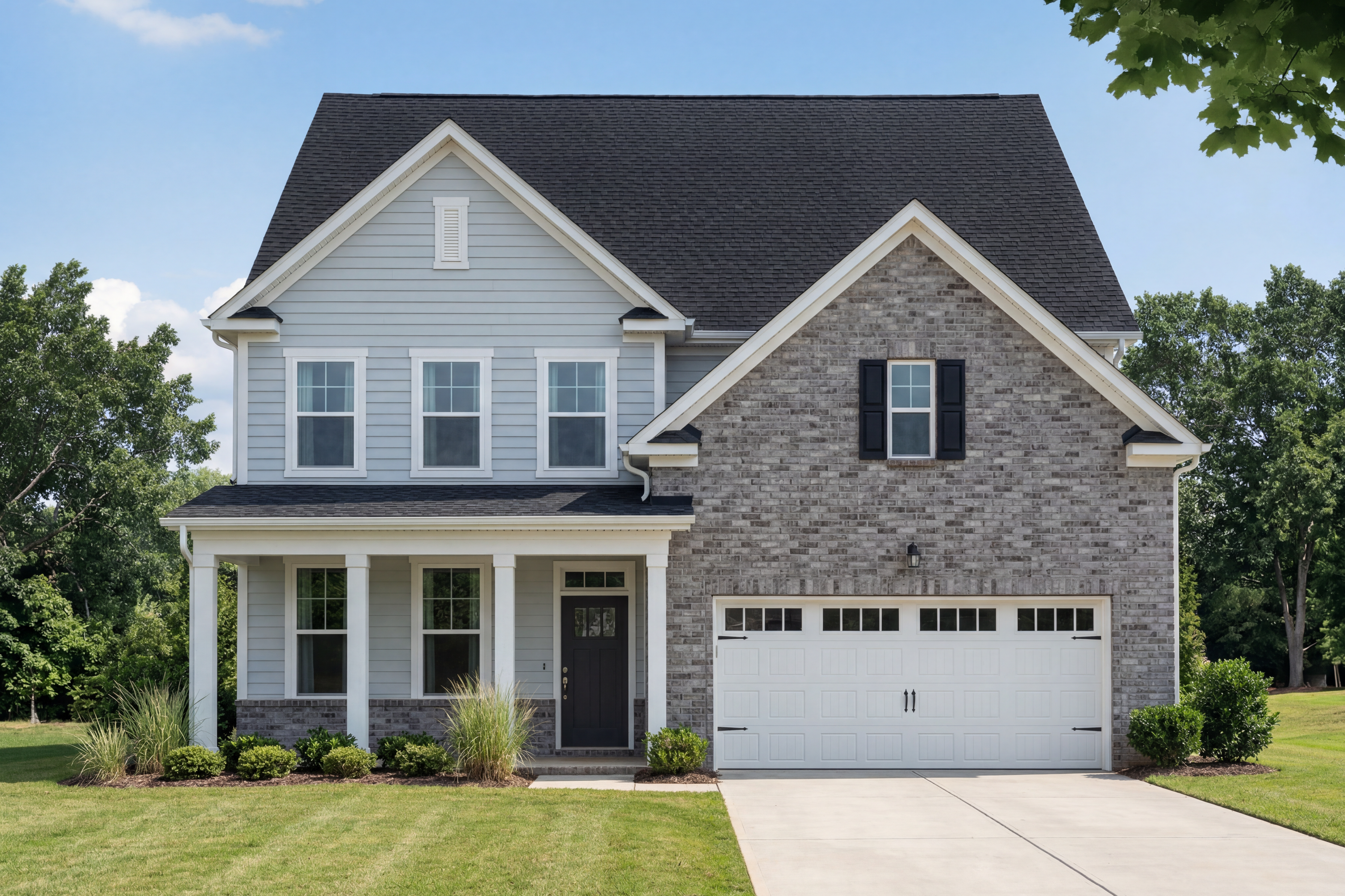 Two-story Hickory C II elevation by Davidson Homes: light blue siding, brick accents, covered porch, two-car garage in Belmont NC