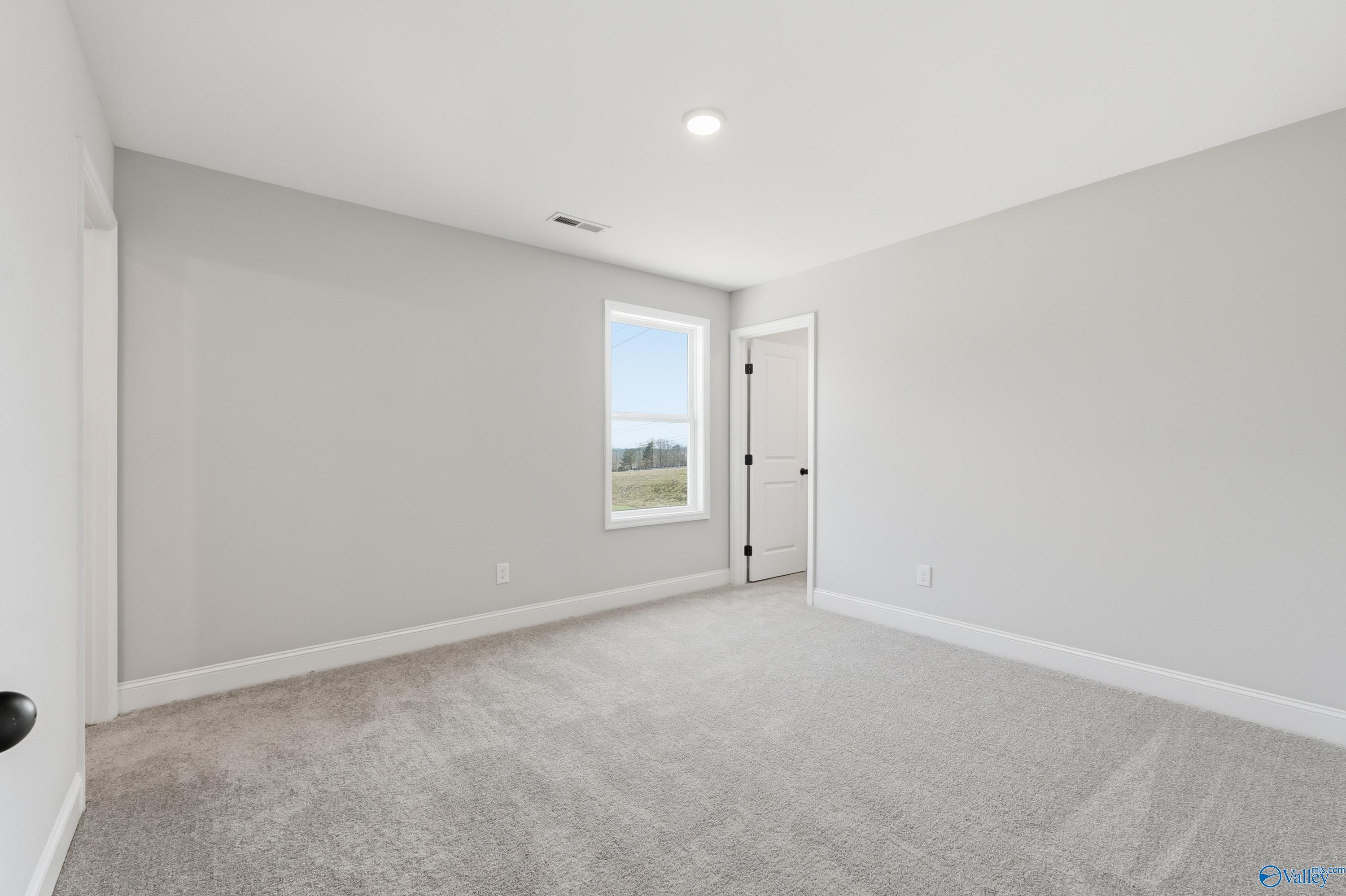 Bright secondary bedroom with light gray walls, plush carpet, large window overlooking landscape in Davidson Homes The Chelsea D, Cullman, Alabama