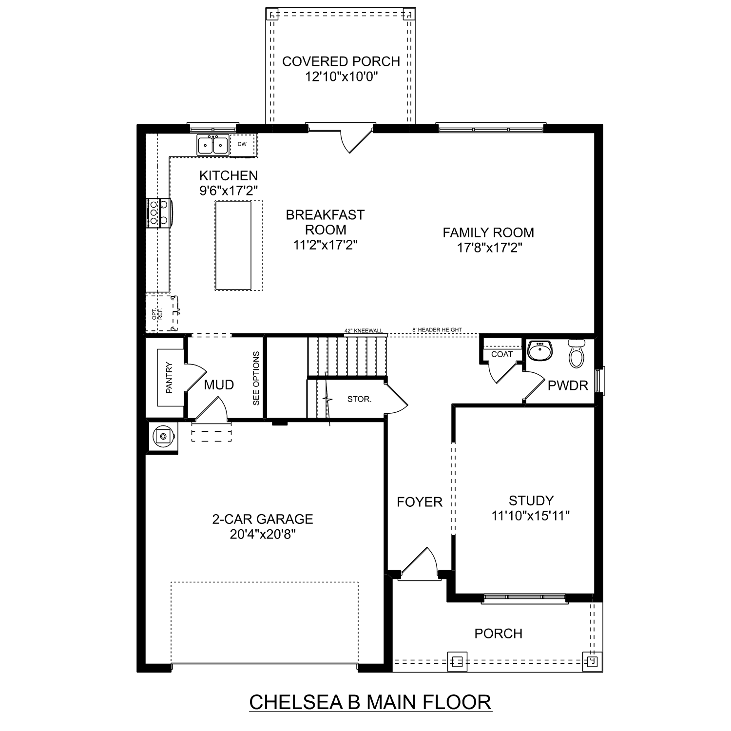 The Chelsea B first floor plan featuring 2-car garage, study, open kitchen, breakfast area, family room, and covered porch