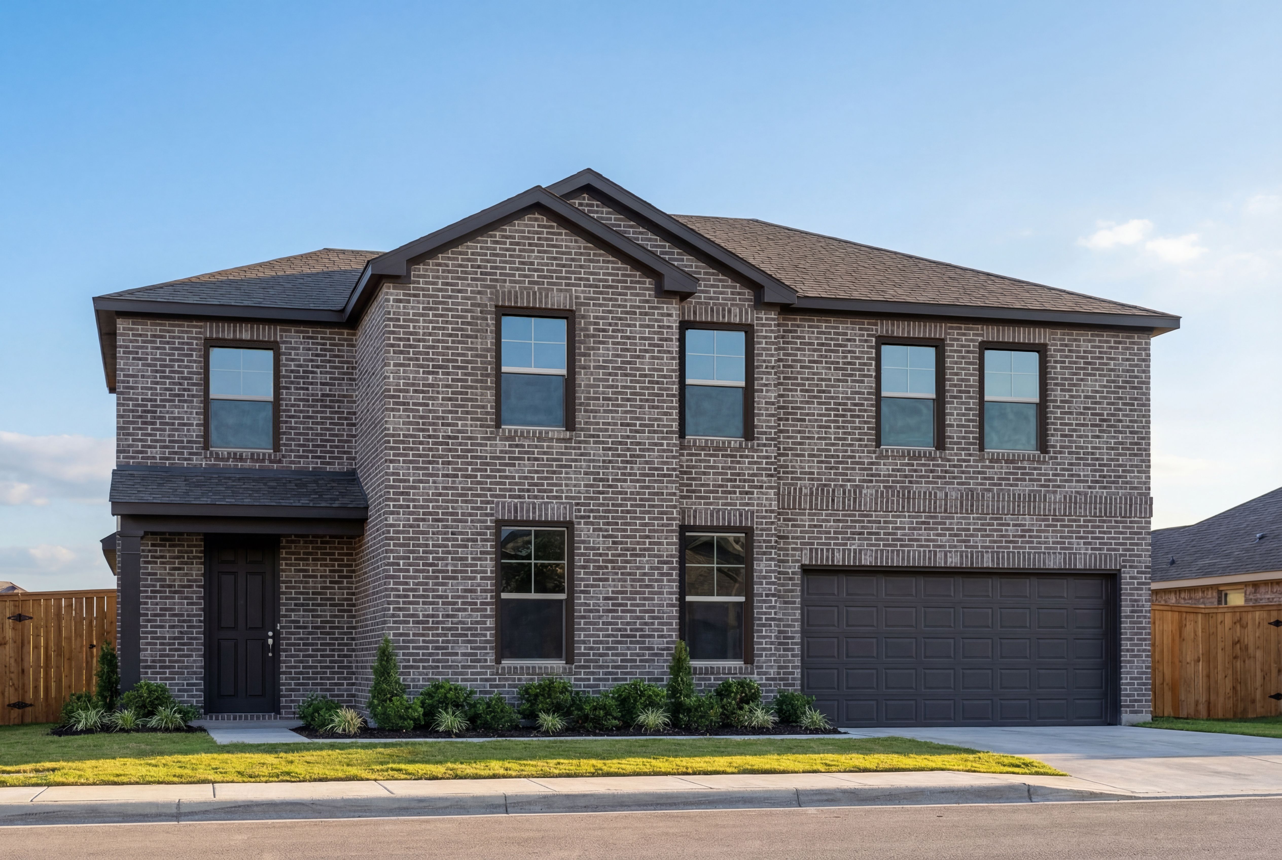 Two-story brick facade of The Jennings by Davidson Homes in Castroville, Texas, with two-car garage and landscaped yard