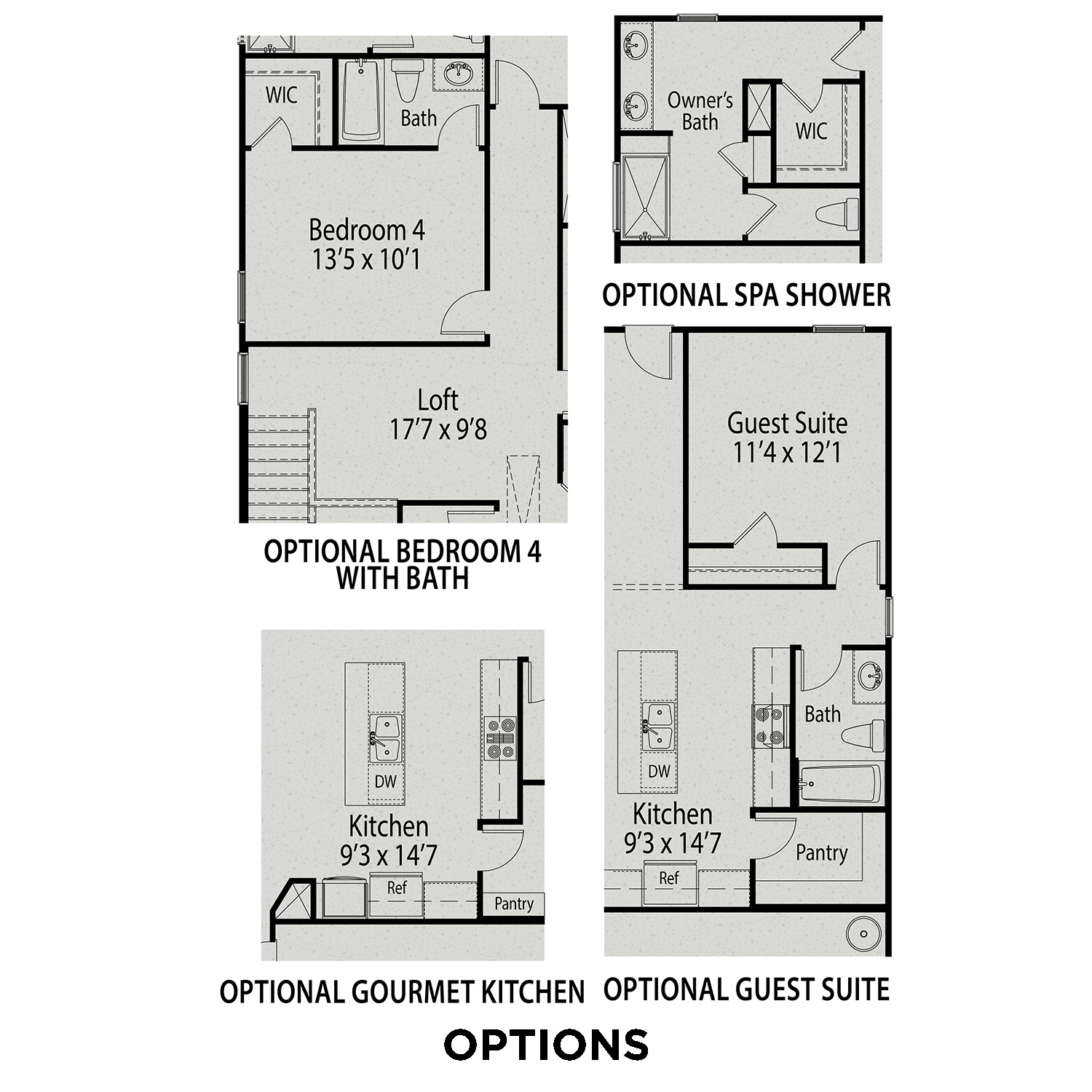 Upper floor plan of The Adalynn A showcasing owner's suite, loft, optional guest suite and spa shower