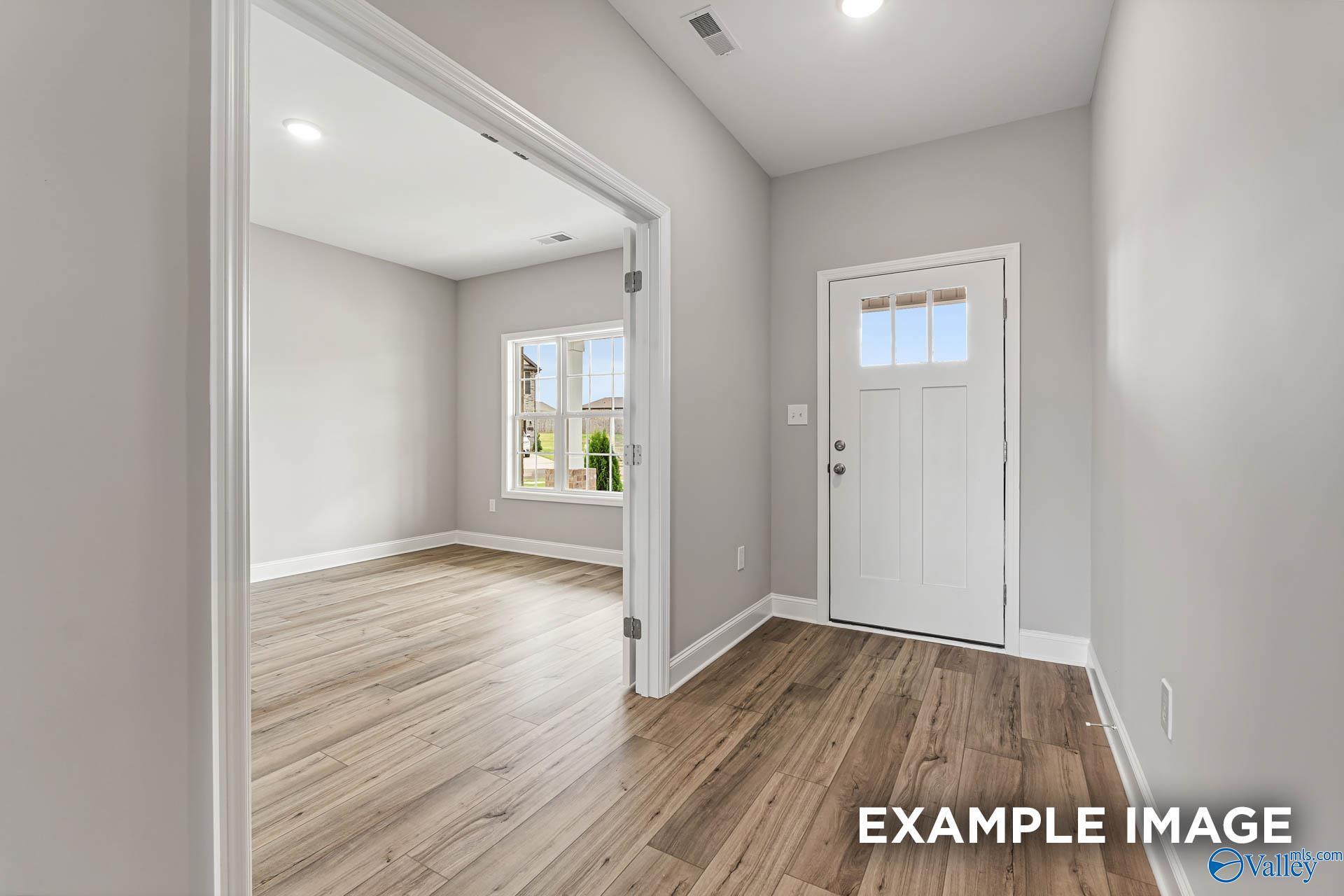 Bright entryway with light gray walls, hardwood floors, and white glass-paneled door in The Chelsea B, Toney, Alabama
