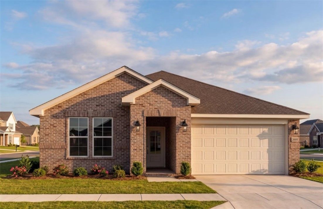 Brick exterior of The Luna D floor plan by Davidson Homes, 4-bed single-story home with 2-car garage in Links Crossing, Auburn, Alabama