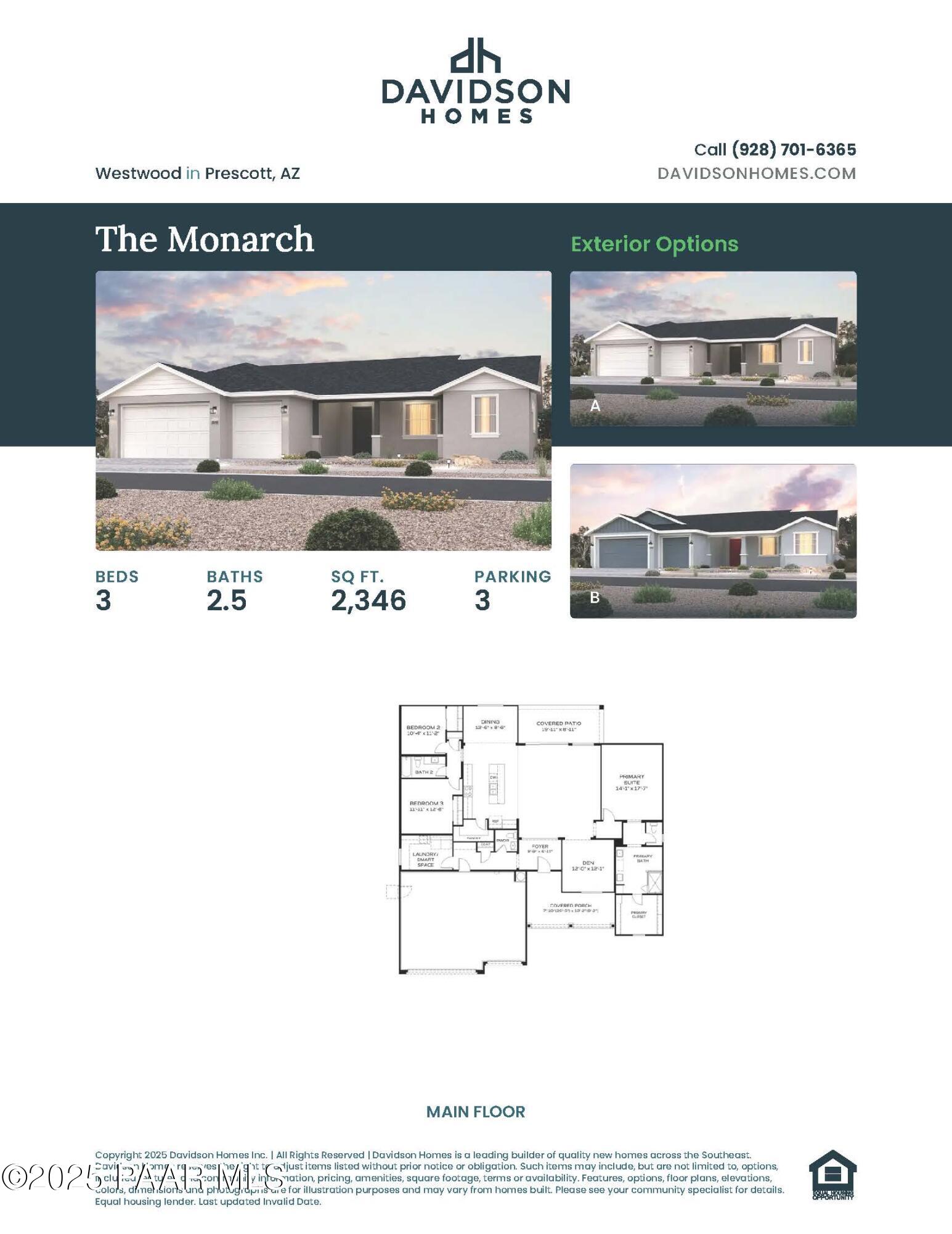 Modern 3-bedroom, 2.5-bath single-story home exterior and floor plan, The Monarch E by Davidson Homes in Westwood, Prescott, AZ