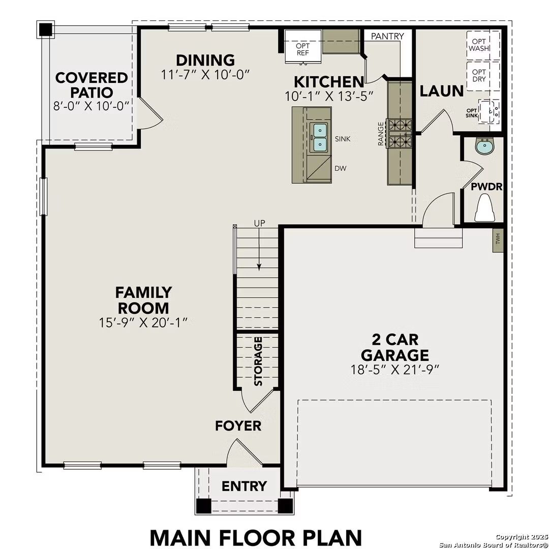 Main floor plan of The Murray K: open family room, kitchen with island, dining, 2-car garage in Davidson Homes Comanche Ridge, San Antonio