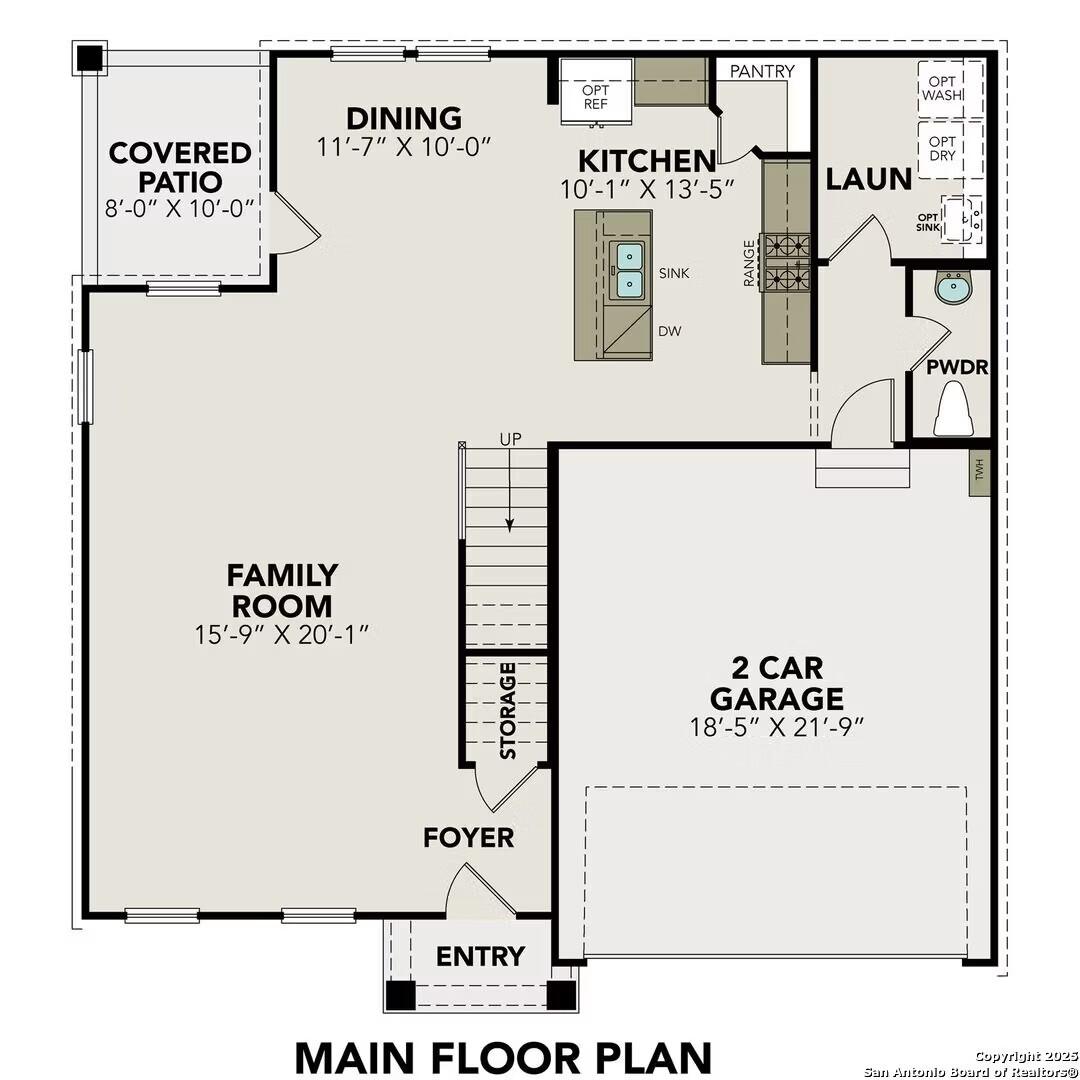 The Murray K main floor plan: open kitchen with island, family room, dining, 2-car garage in Comanche Ridge, San Antonio