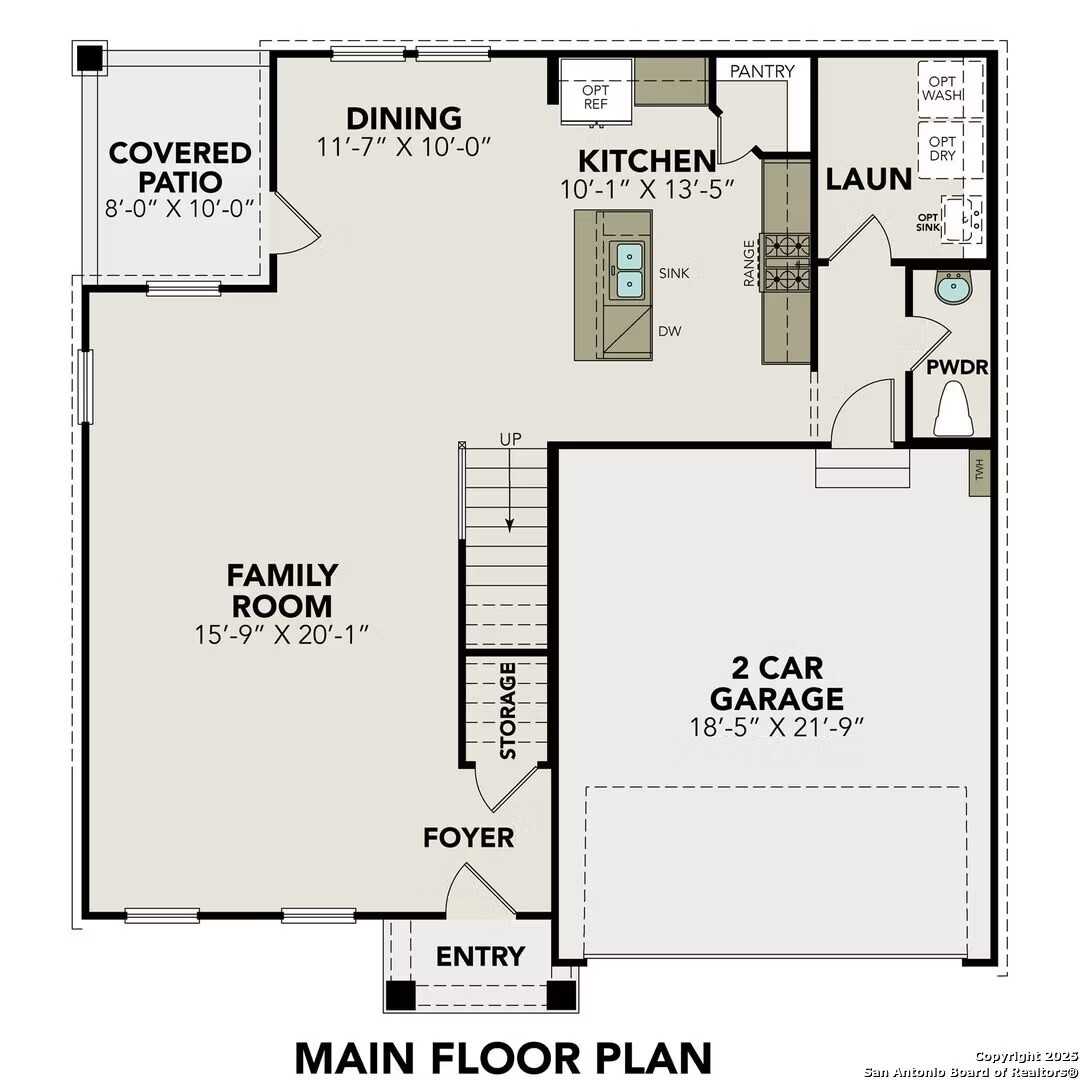 Main floor plan of The Murray K: open family room, kitchen with island, dining, 2-car garage in Davidson Homes Comanche Ridge, San Antonio