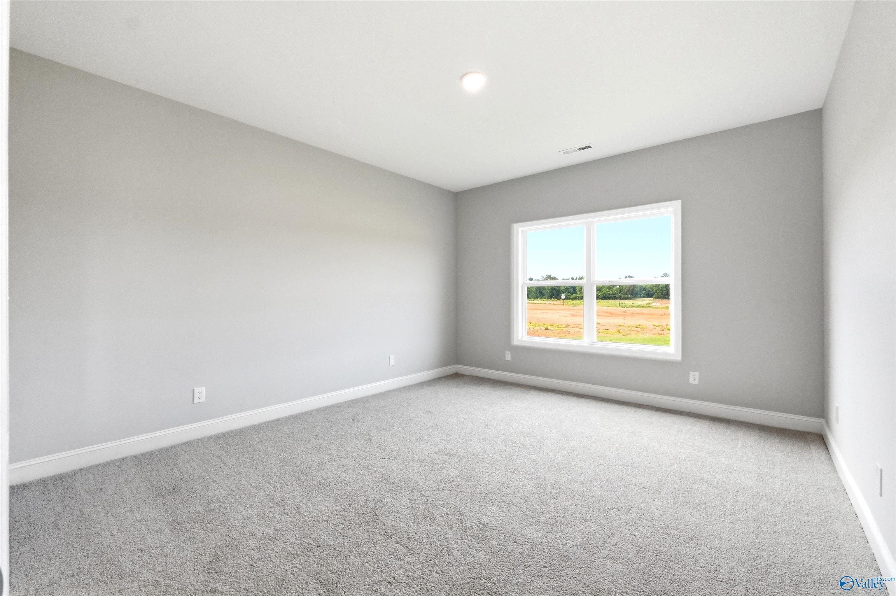 Bright, spacious bedroom with neutral gray walls and plush carpet in The Daphne F plan at Berry Cove, New Market, AL.