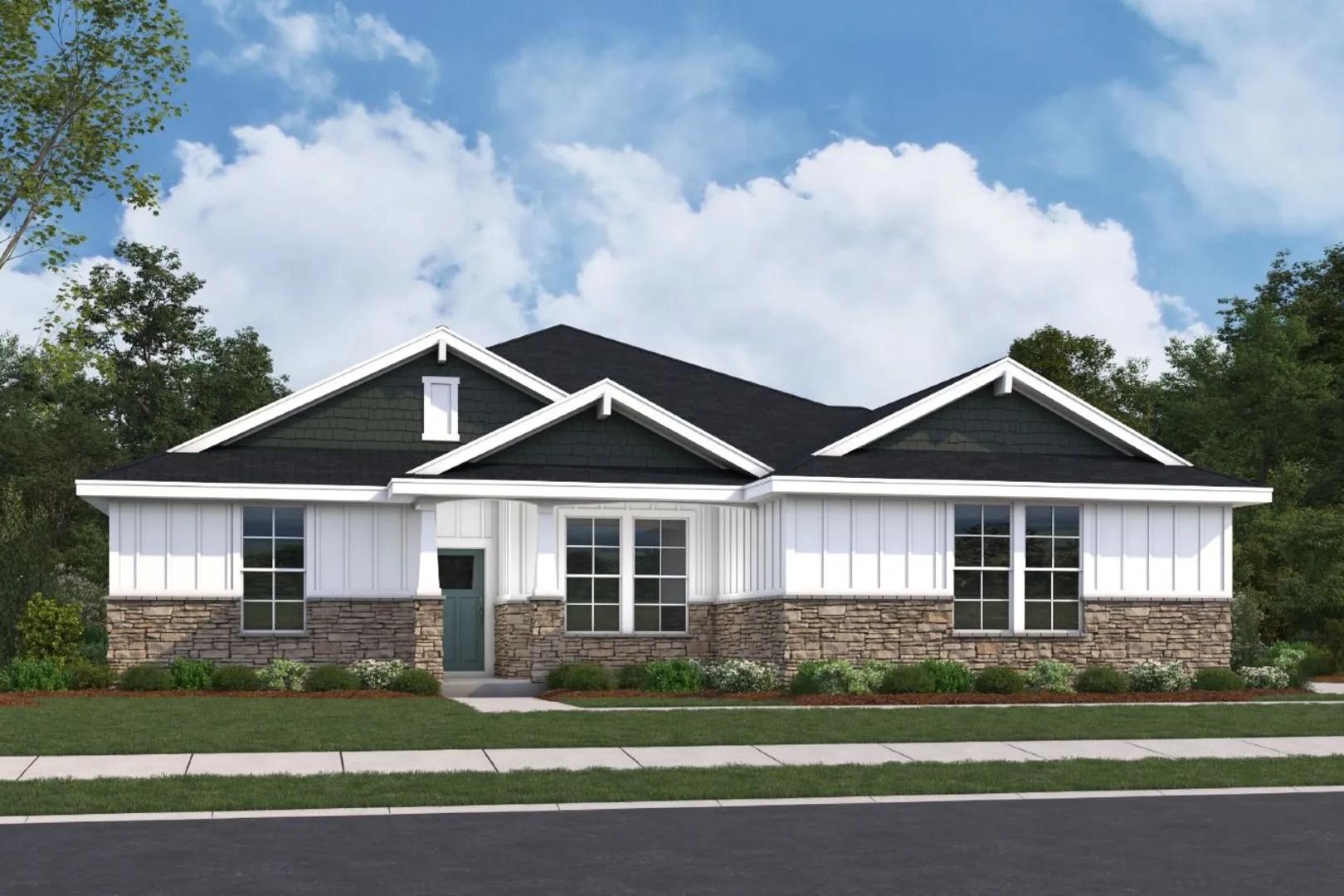 The Arcadia single-story home exterior by Evermore Homes, white siding with black accents, large windows, 3-car garage, Owens Cross Roads AL