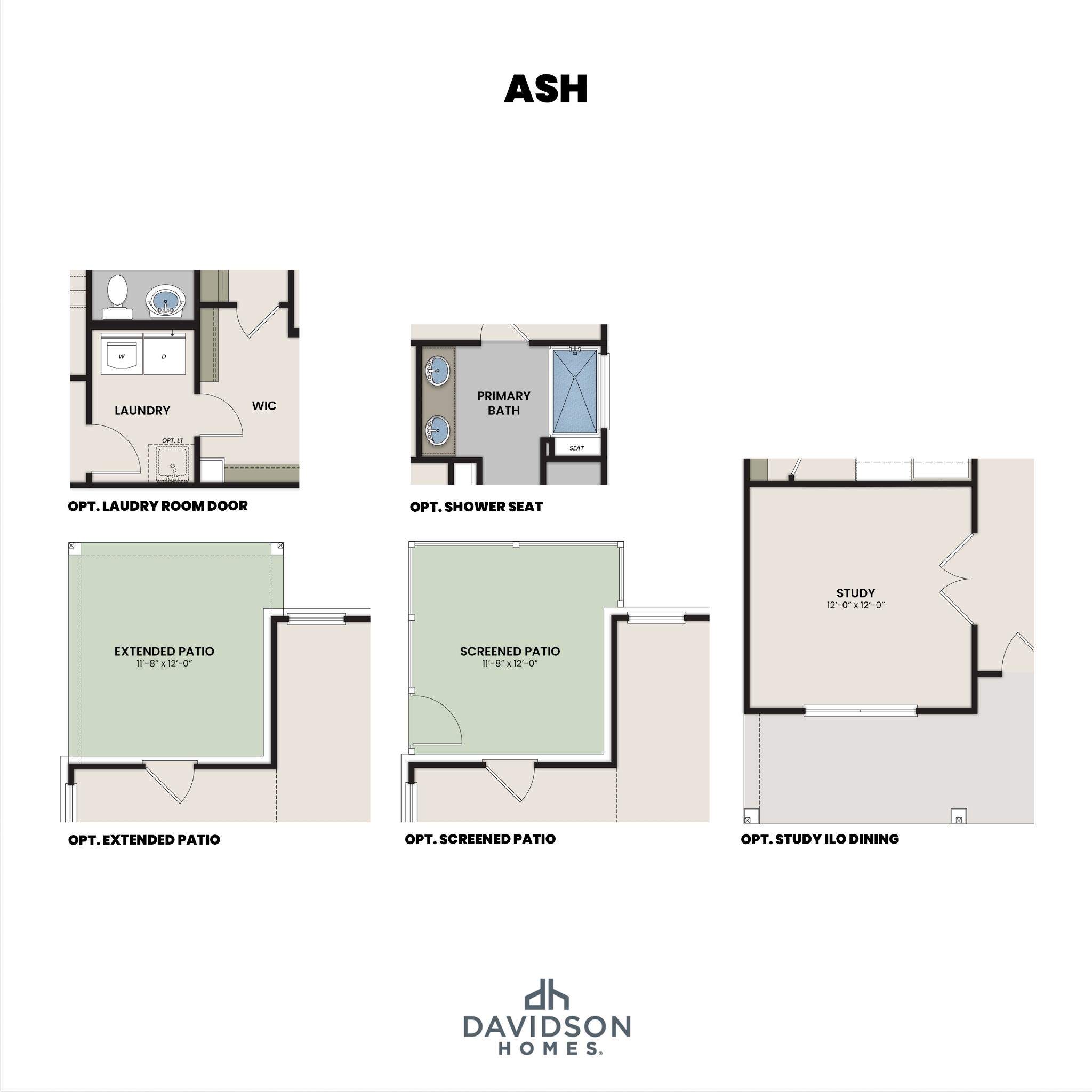 Optional floor plan features for The Ash home design, including laundry room, primary bath, patio, and study configurations.