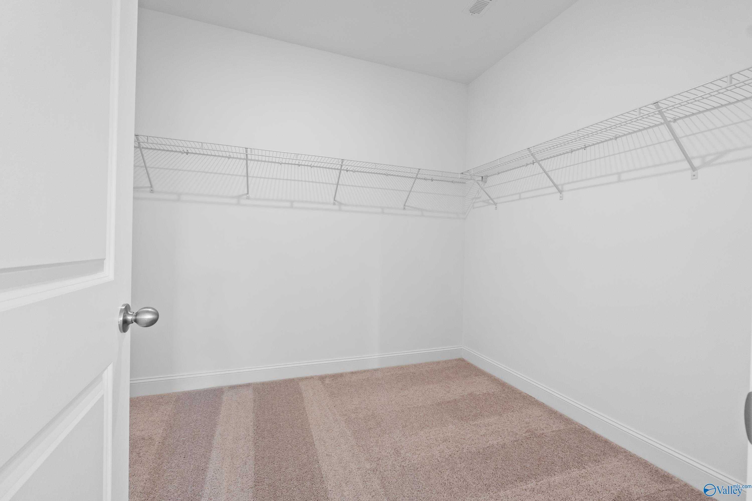 Spacious walk-in closet with wire shelving and striped carpet in Davidson Homes The Rockford B, Toney, Alabama