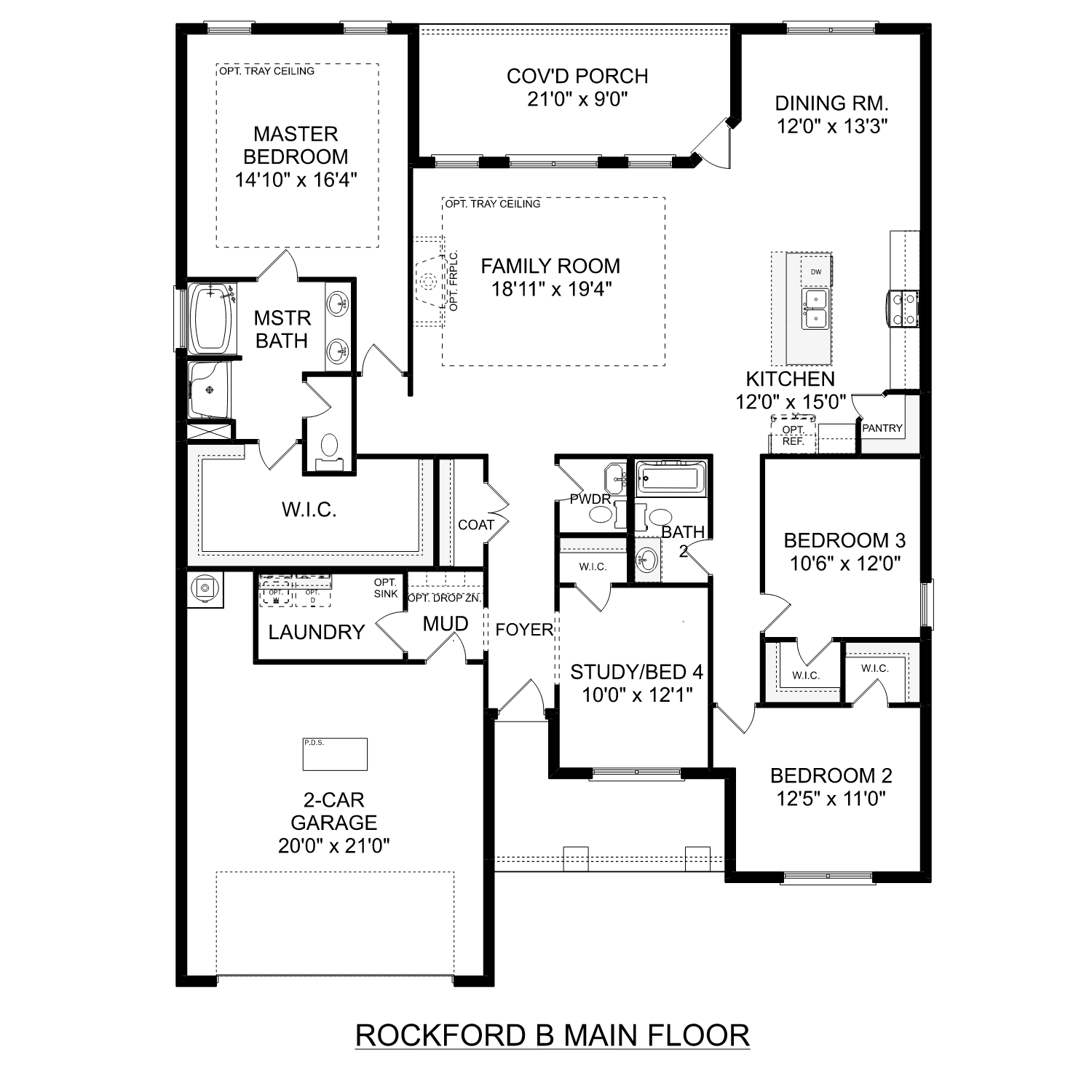 The Rockford floor plan: 3-4 bedroom 1-story layout with master suite, open kitchen, family room, dining, and 2-car garage