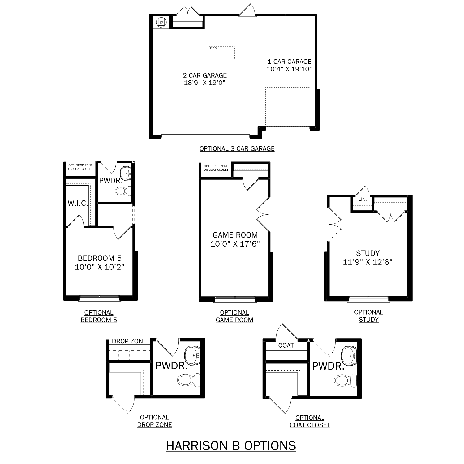 Harrison B floor plan showcasing 2-car garage, game room, study, optional 3-car extension, and bedrooms in 1-story Davidson Homes design