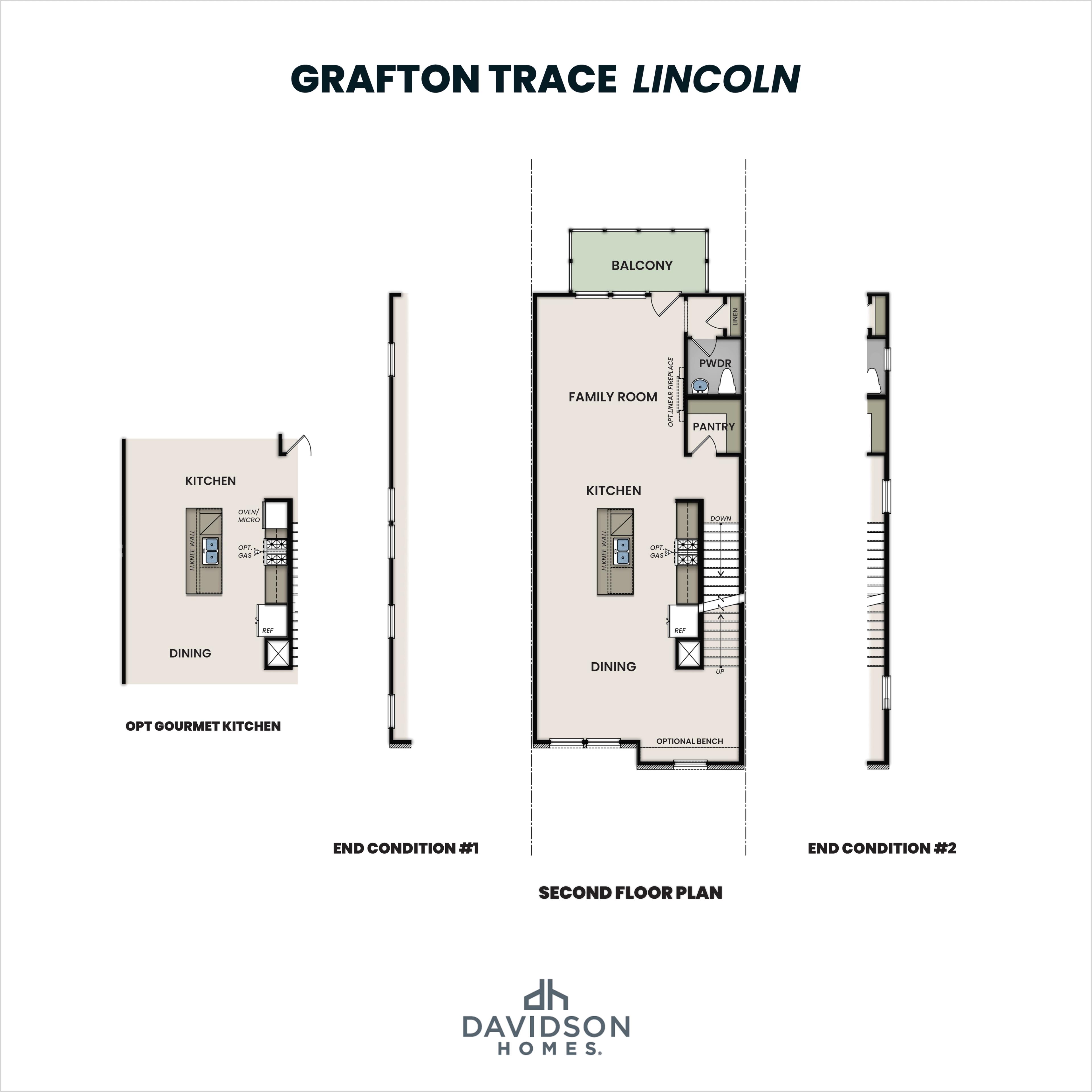 Second floor plan of Grafton Trace Lincoln showcasing optional gourmet kitchen, dining area, family room, pantry, and balcony in end conditions
