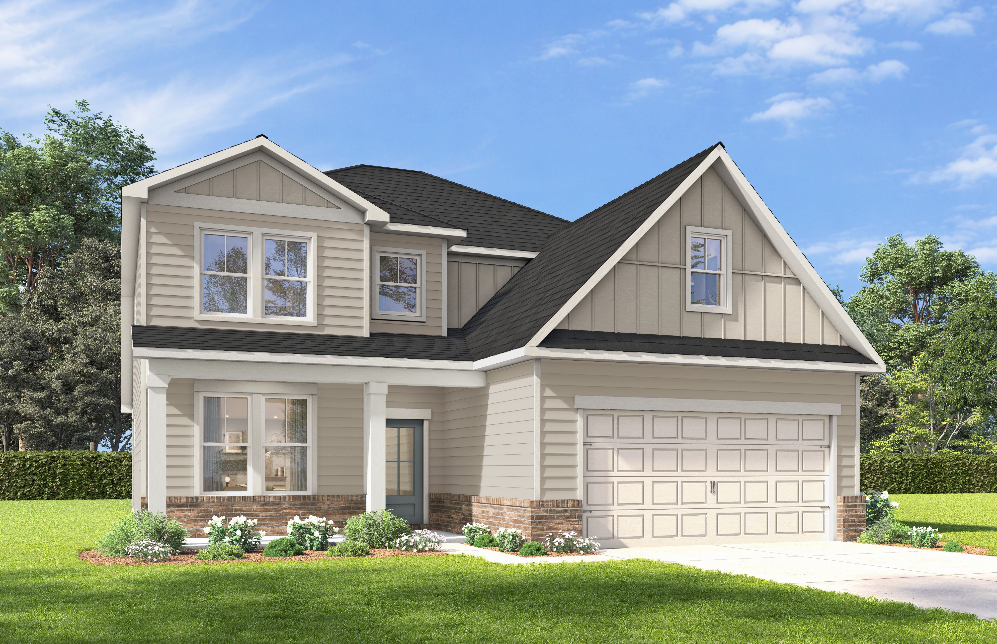 Two-story Cedar F home by Davidson Homes in San Antonio: beige siding, brick accents, two-car garage, front porch, lush landscaping
