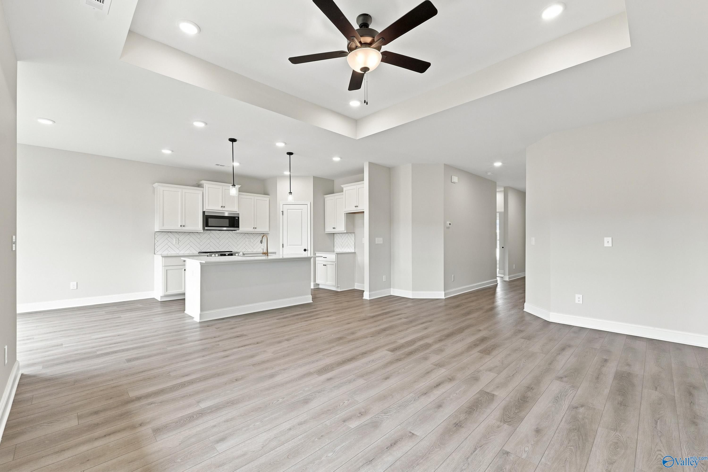Open-concept kitchen and living area with tray ceiling in The Asheville E floor plan at Forest Glen, Hazel Green, Alabama.