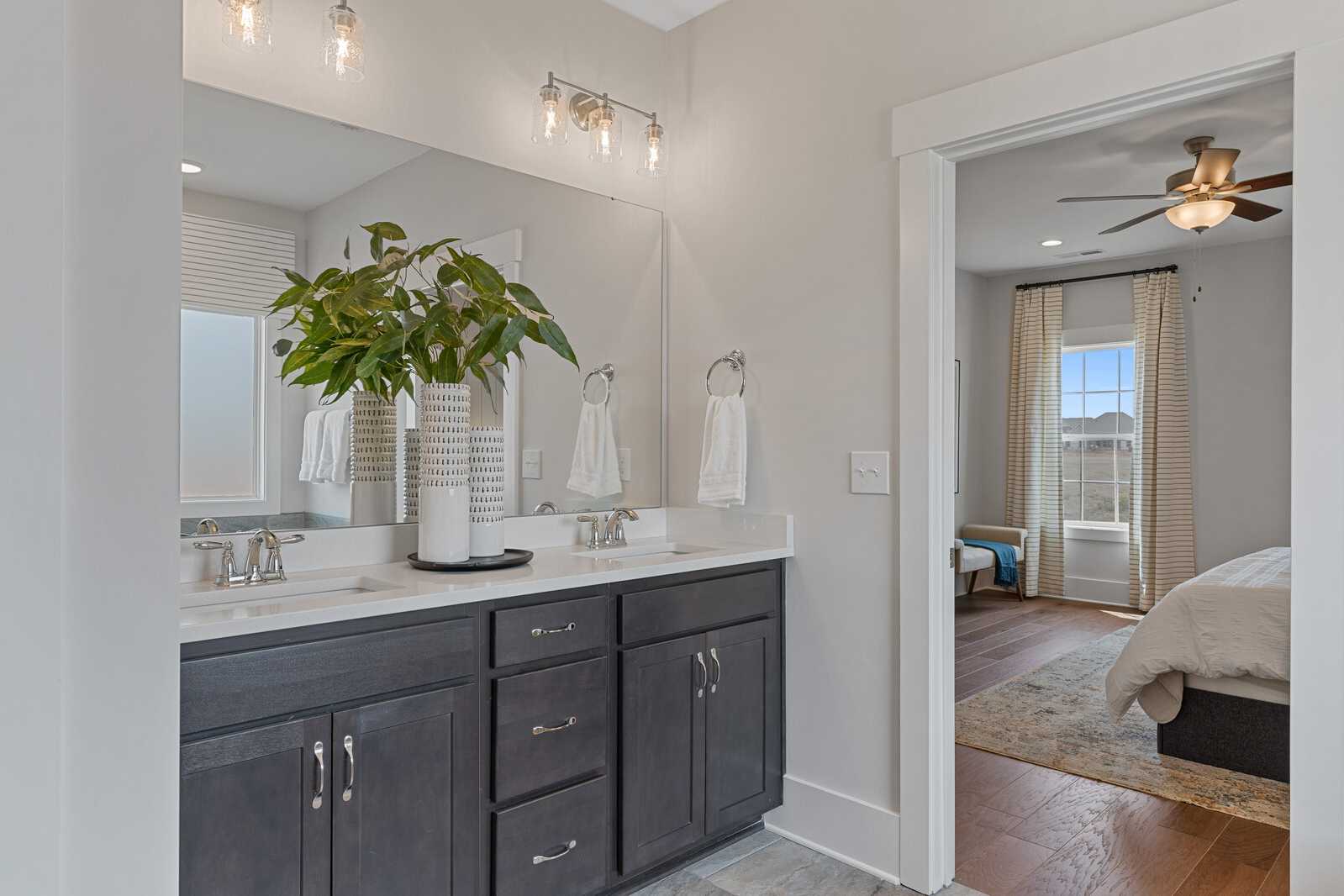 Master bathroom counter looking into the bedroom