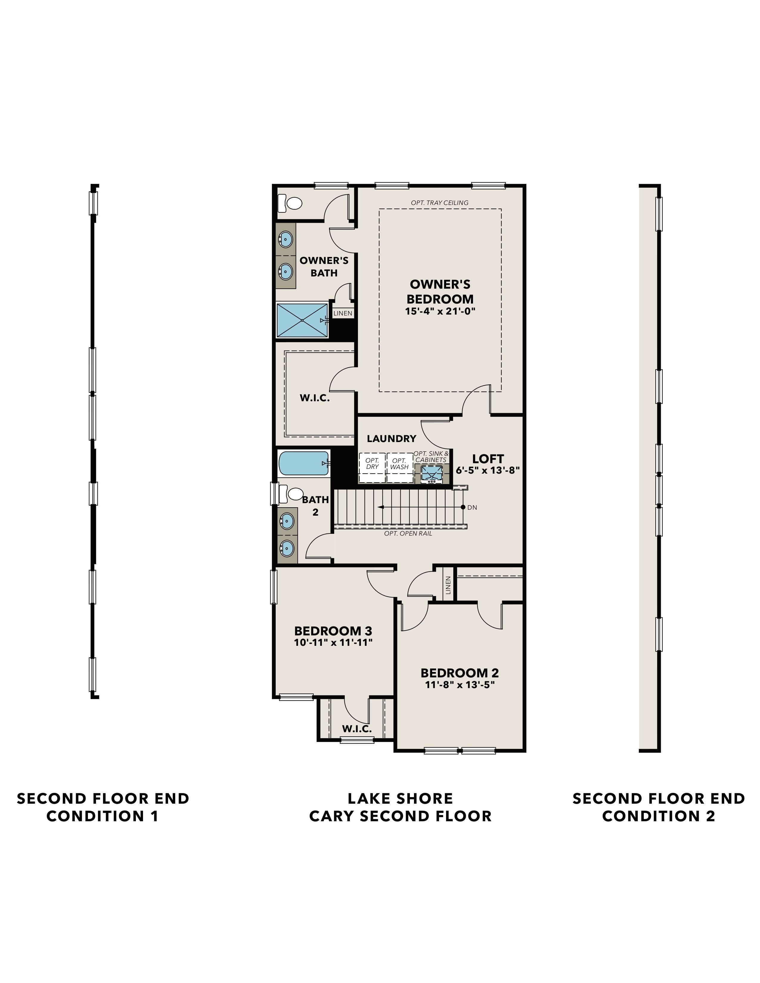Second floor plan of Cary A by Davidson Homes: master suite with bath, two bedrooms, laundry, and end condition variations