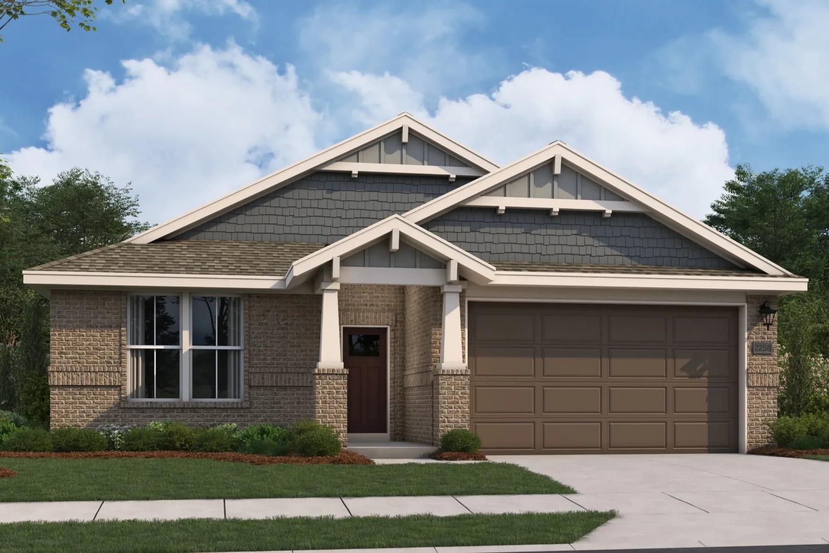 The Orion single-story home exterior by Evermore Homes featuring brick facade, gabled roof, covered porch, and 2-car garage in Cusseta, Alabama