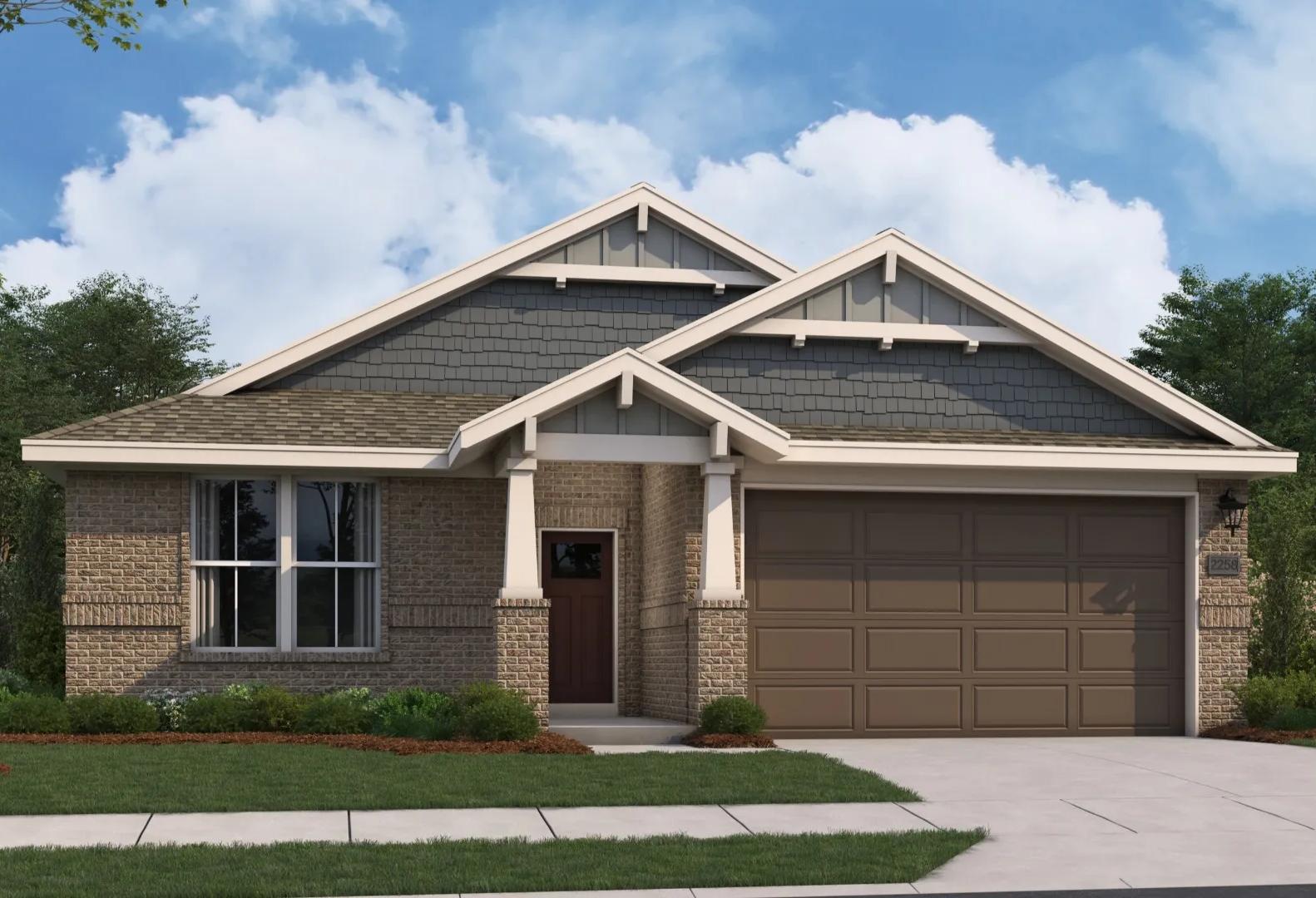 The Orion single-story home exterior by Evermore Homes featuring brick facade, gabled roof, covered porch, and 2-car garage in Cusseta, Alabama