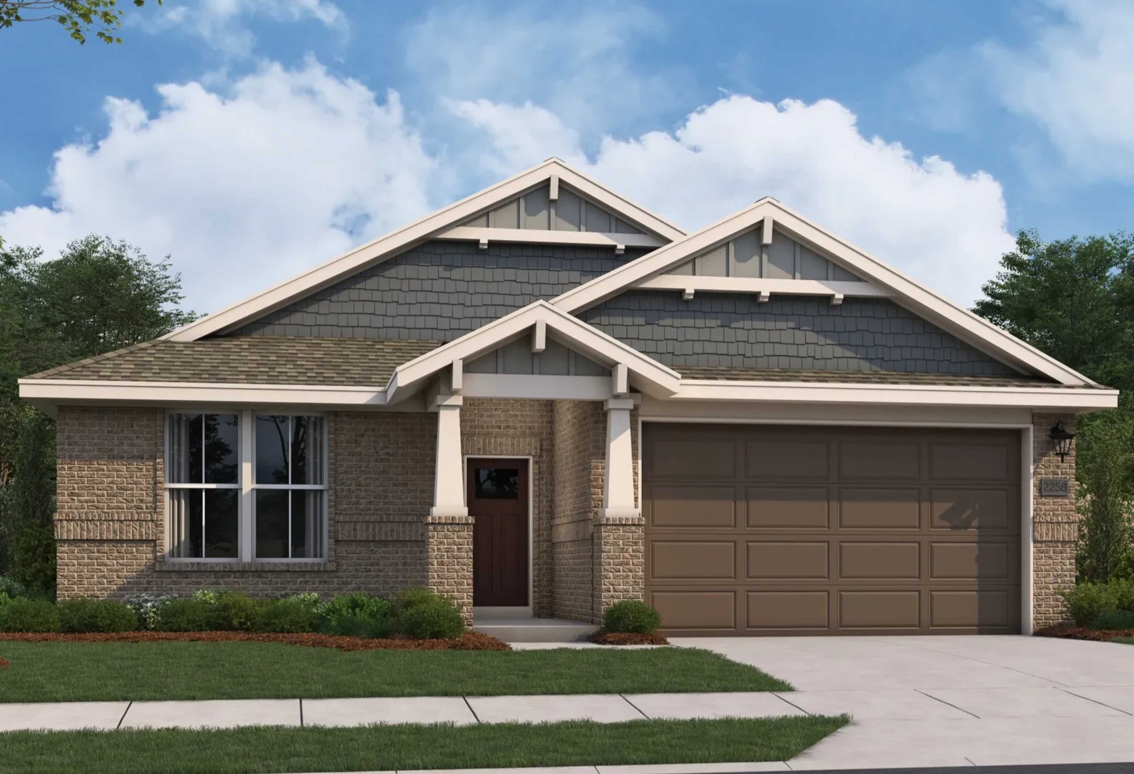 The Orion single-story home exterior by Evermore Homes featuring brick facade, gabled roof, covered porch, and 2-car garage in Cusseta, Alabama
