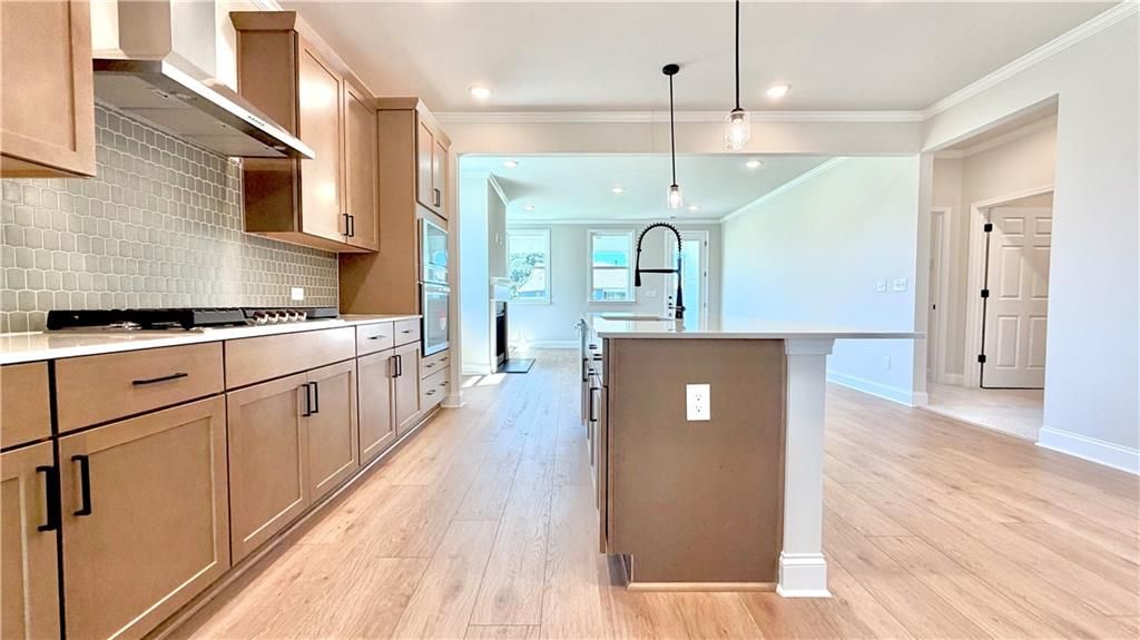 Modern kitchen with light wood cabinets and island in The Glenwood A floor plan at Wehunt Meadows, Hoschton, Georgia.