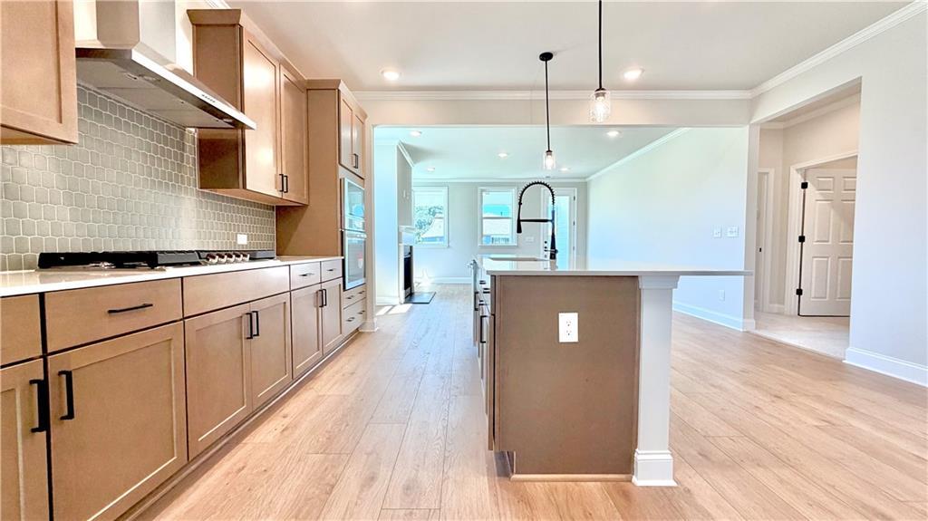 Modern kitchen with light wood cabinets and island in The Glenwood A floor plan at Wehunt Meadows, Hoschton, Georgia.
