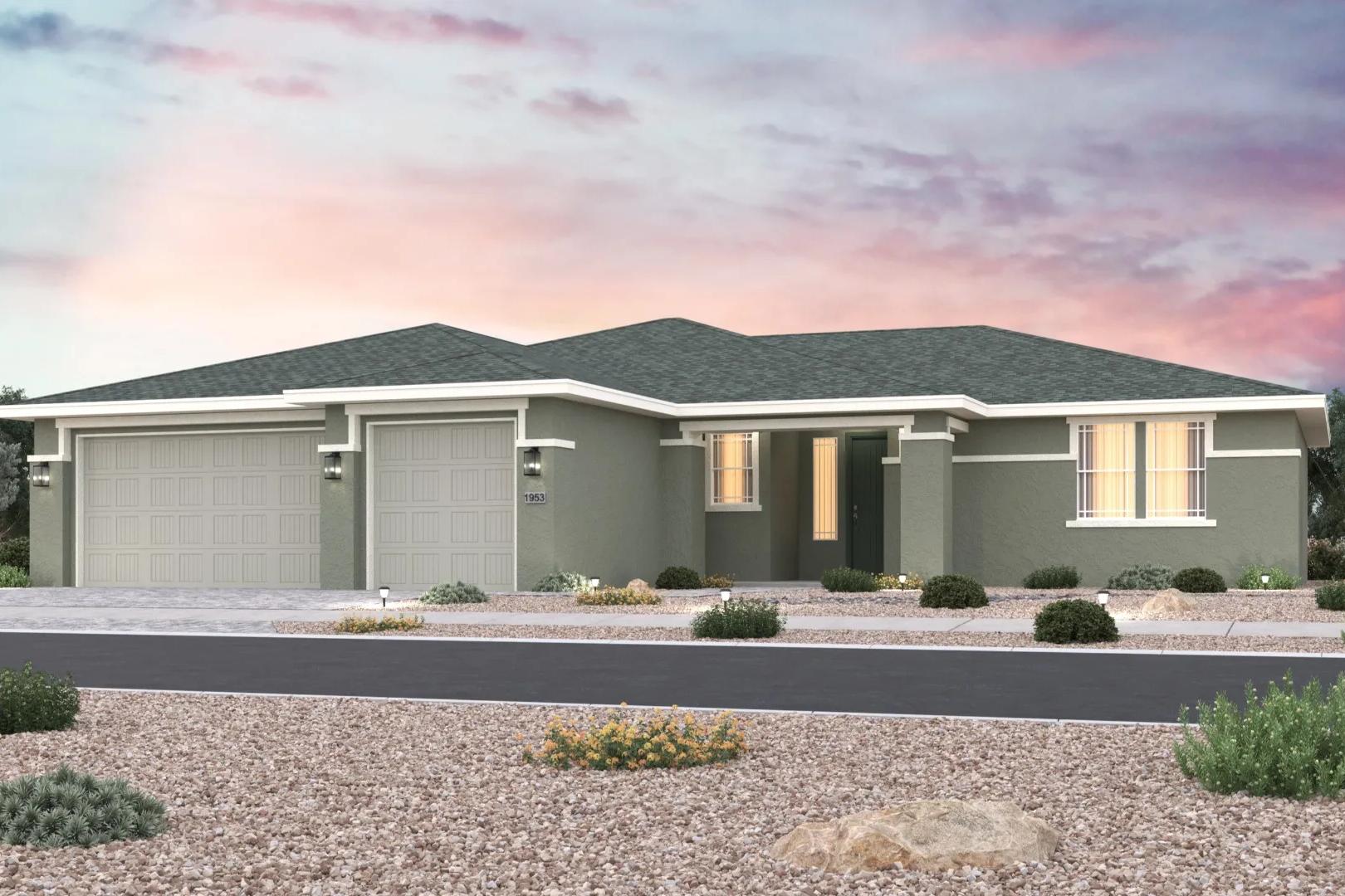 Contemporary single-story home at Morningstar in Prescott Valley AZ with gray stucco exterior, two-car garage, and desert landscaping