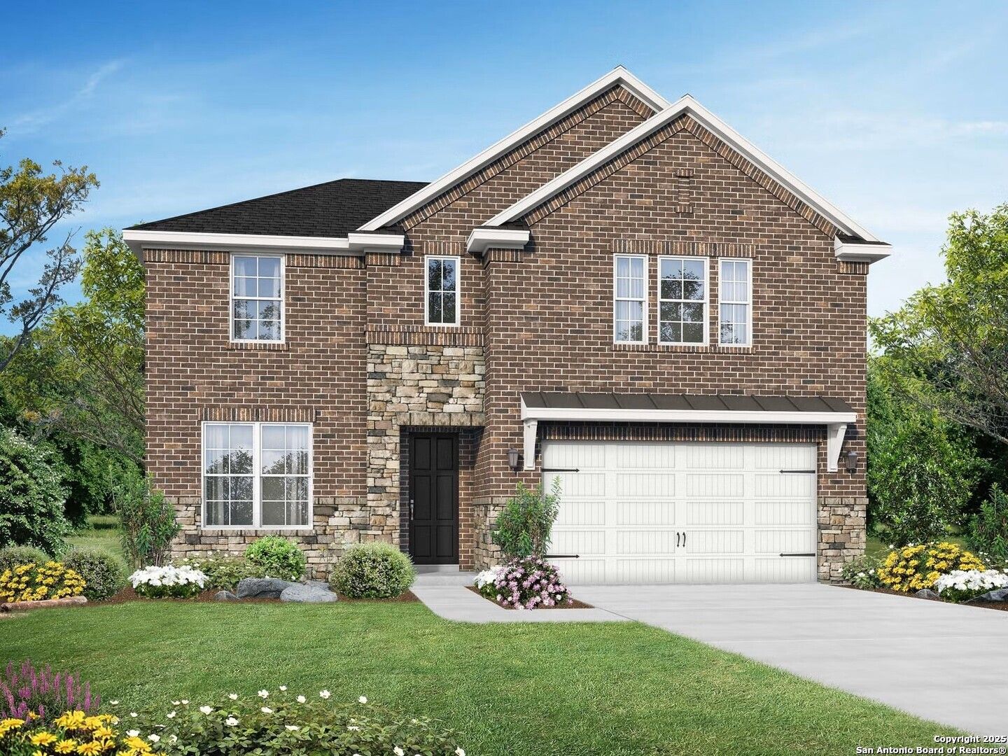 Modern two-story brick home with stone accents, 2-car garage, and lush landscaping in Bricewood, San Antonio, Texas