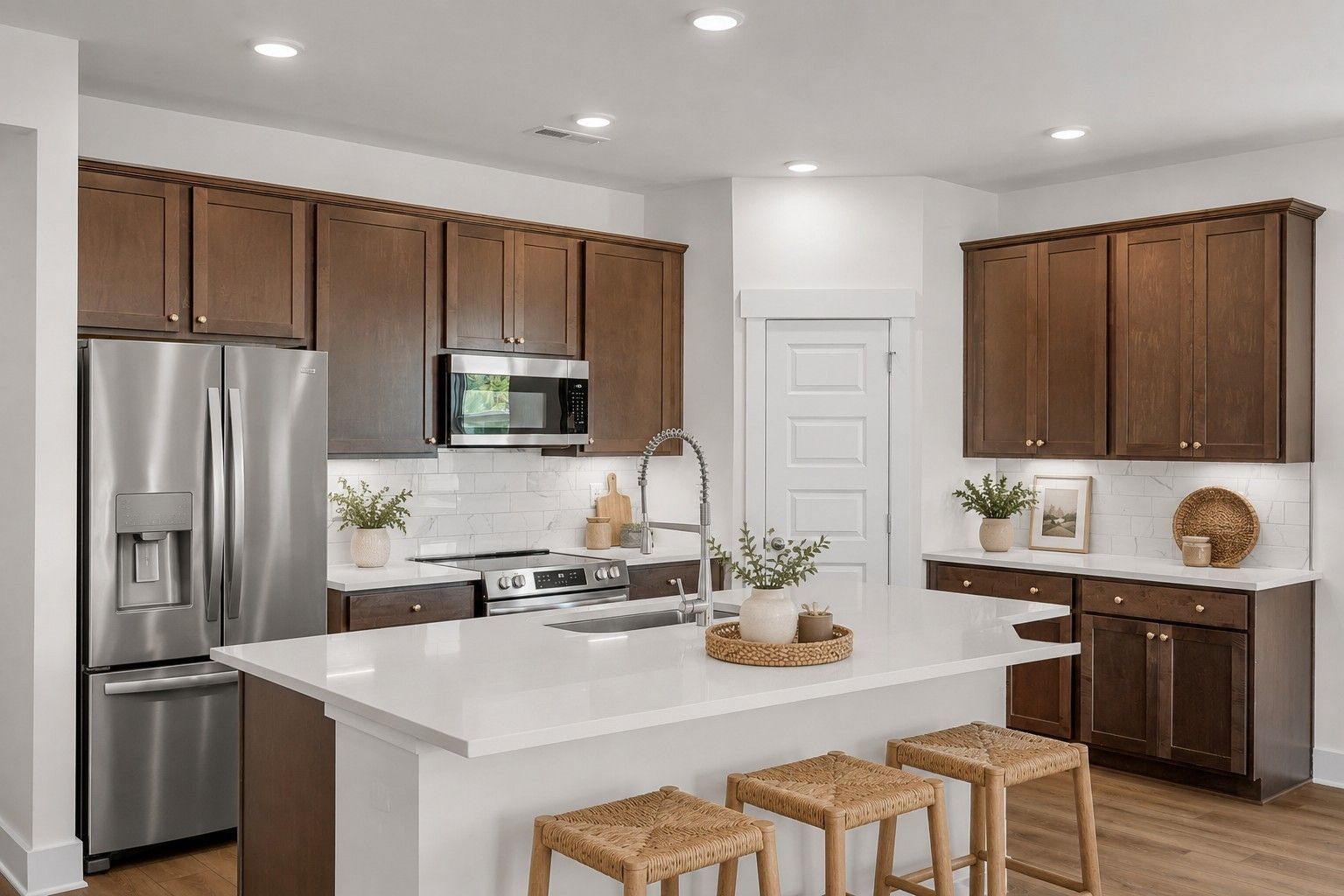 Modern kitchen with dark wood cabinets, white quartz island, and stainless appliances in Davidson Homes Cottonwood E, Gallatin TN