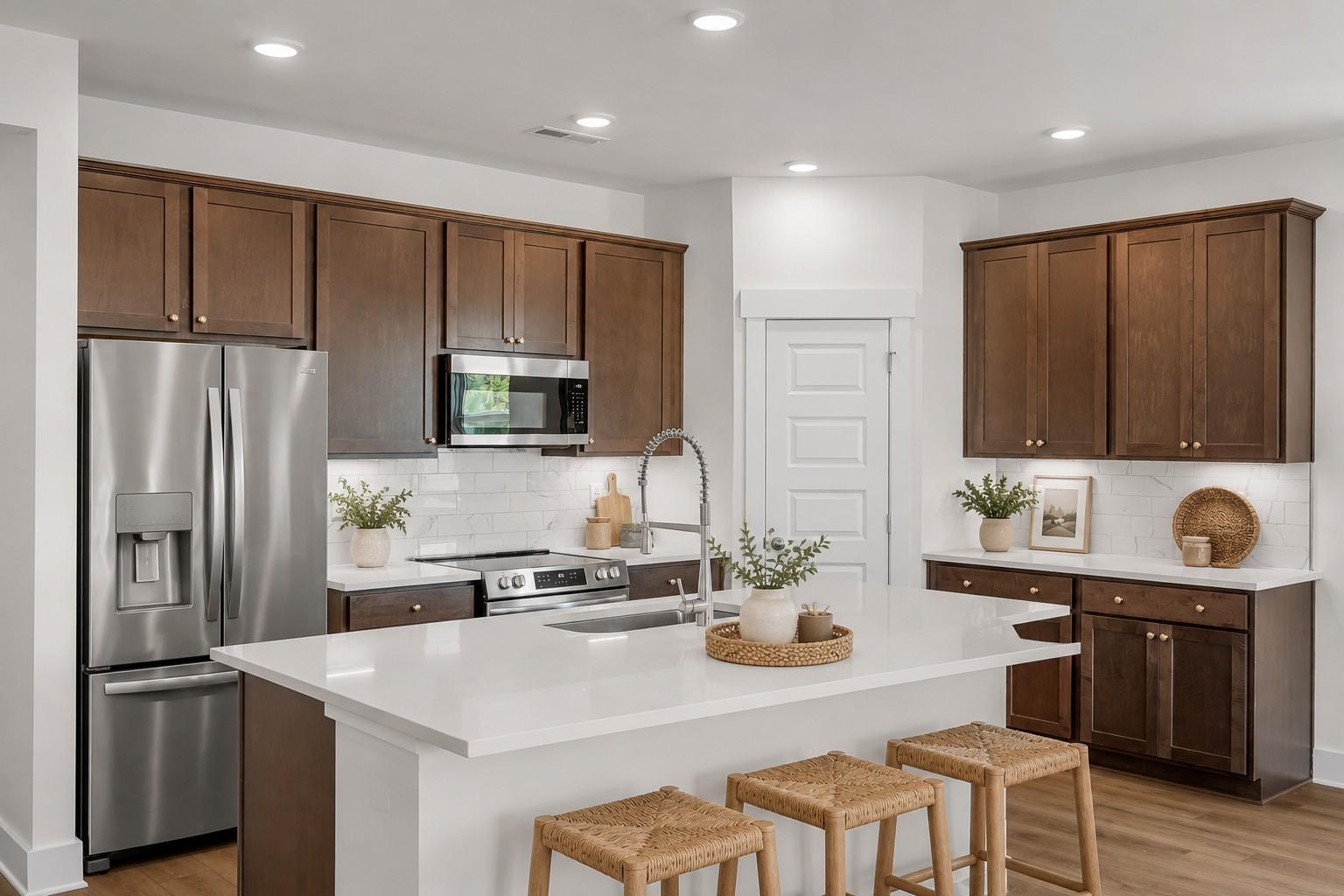 Modern kitchen with dark wood cabinets, white quartz island, and stainless appliances in Davidson Homes Cottonwood E, Gallatin TN