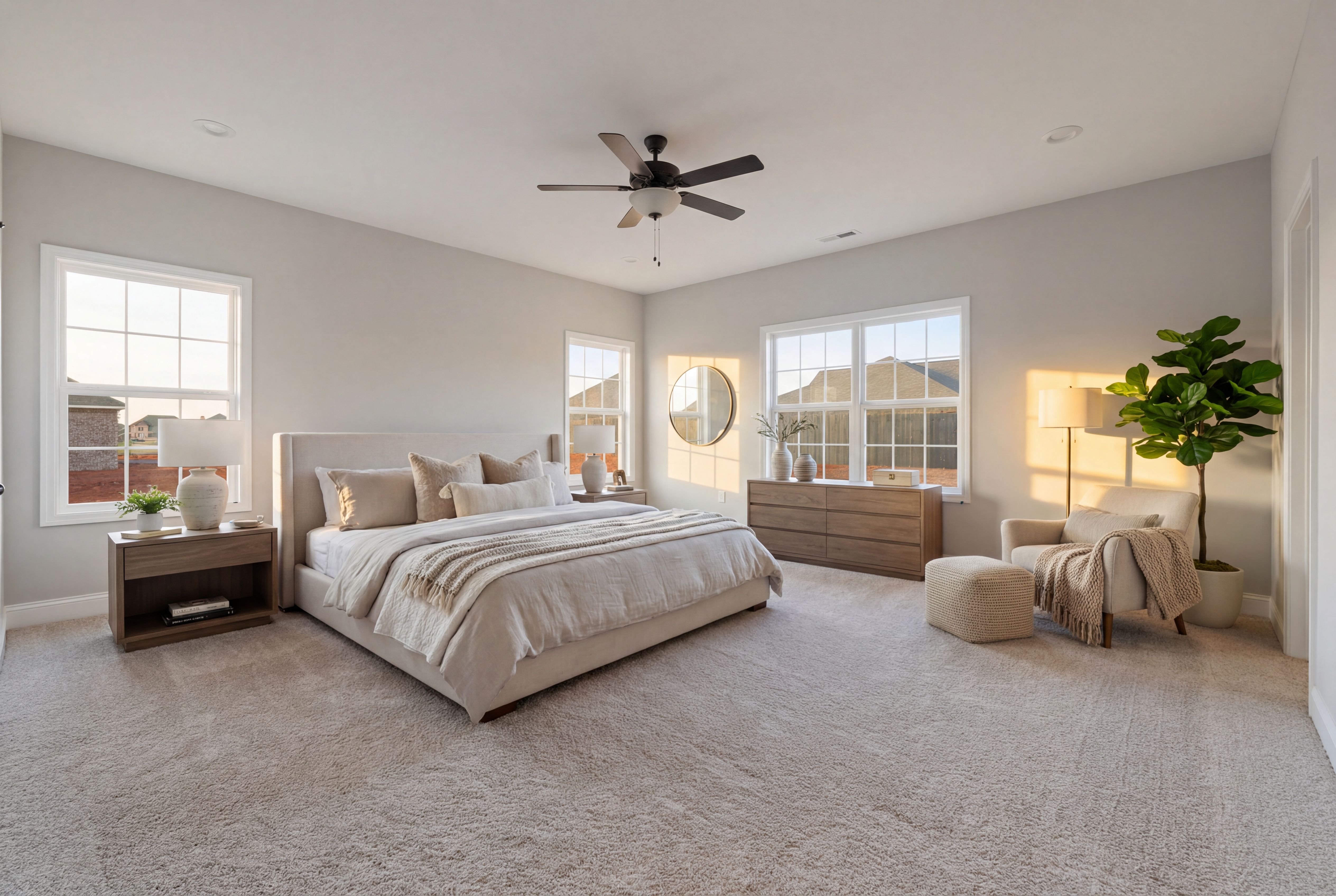 Spacious master suite in The Valencia with king bed, neutral gray walls, ceiling fan, potted plants, and large windows