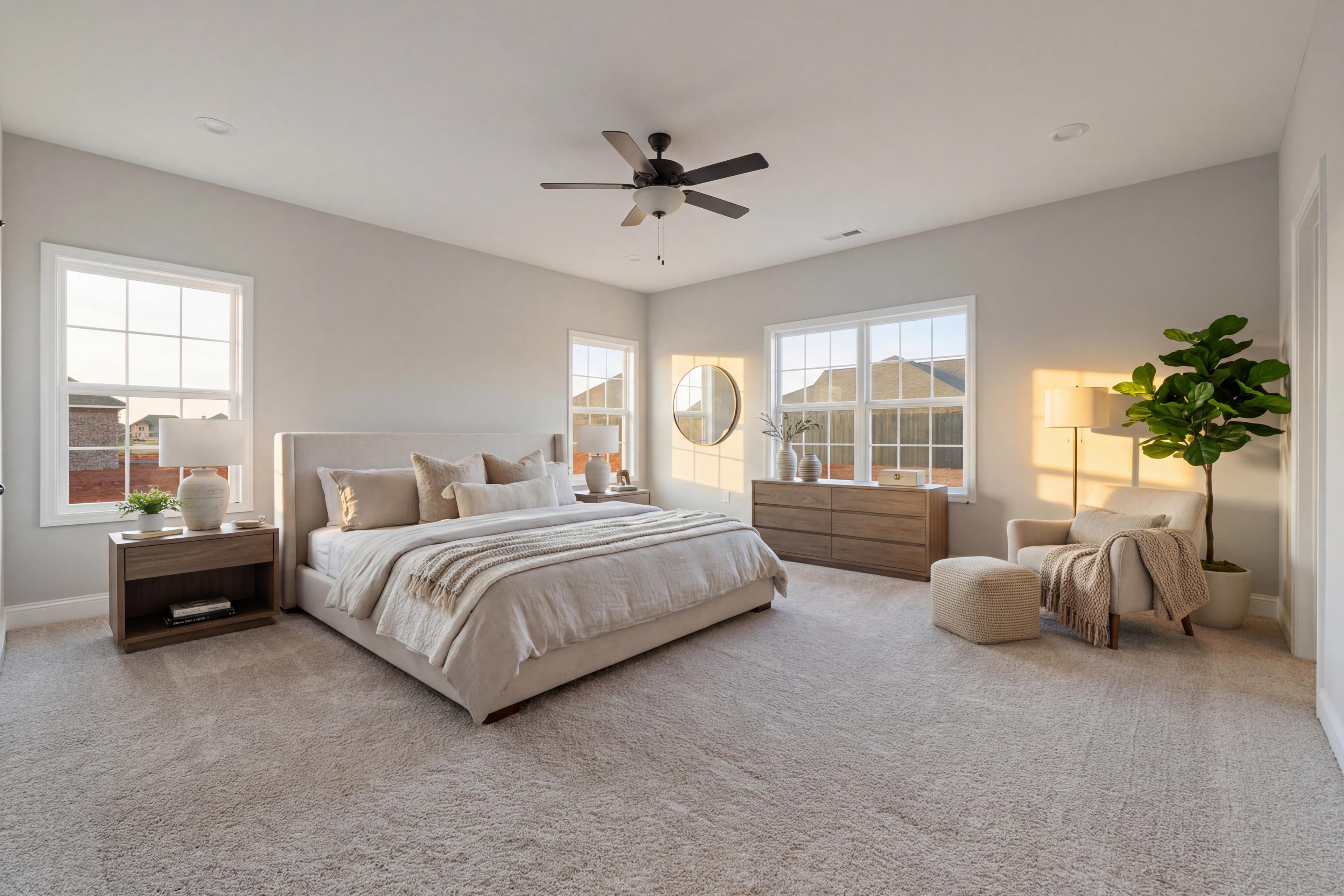 Spacious master suite in The Valencia with king bed, neutral gray walls, ceiling fan, potted plants, and large windows
