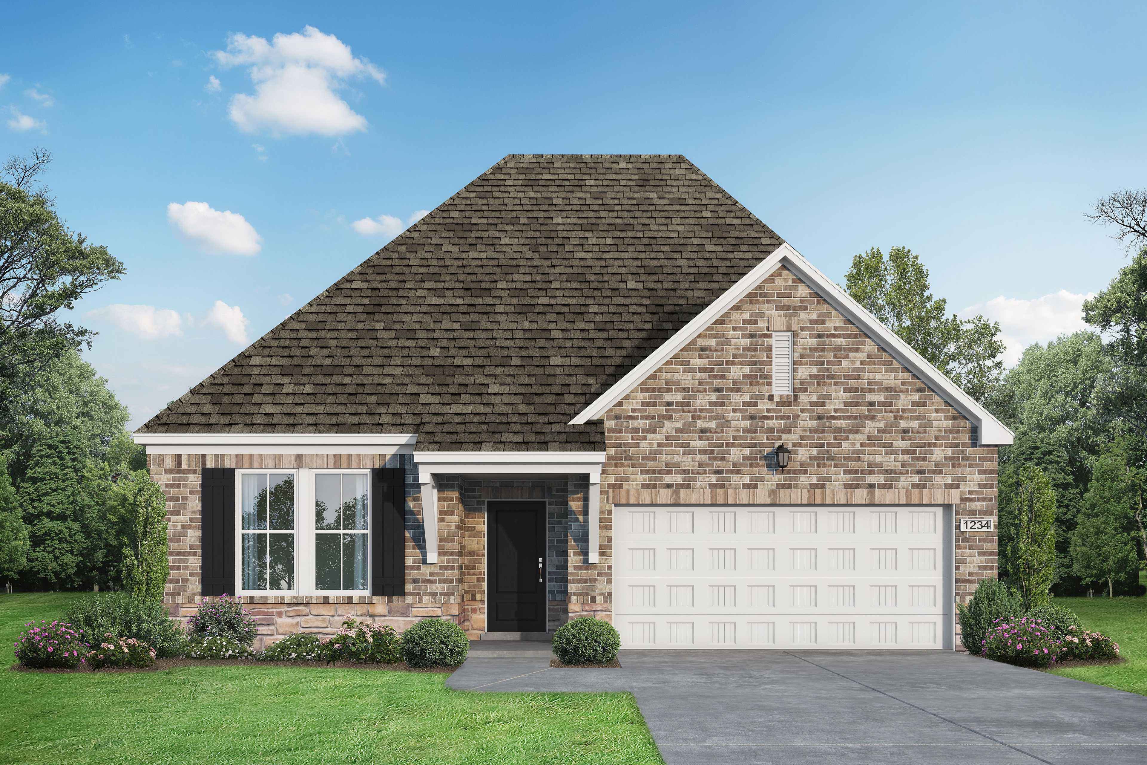 Brick single-story Laurel M home elevation with gabled shingle roof, two-car garage, and landscaped yard in Royse City Texas