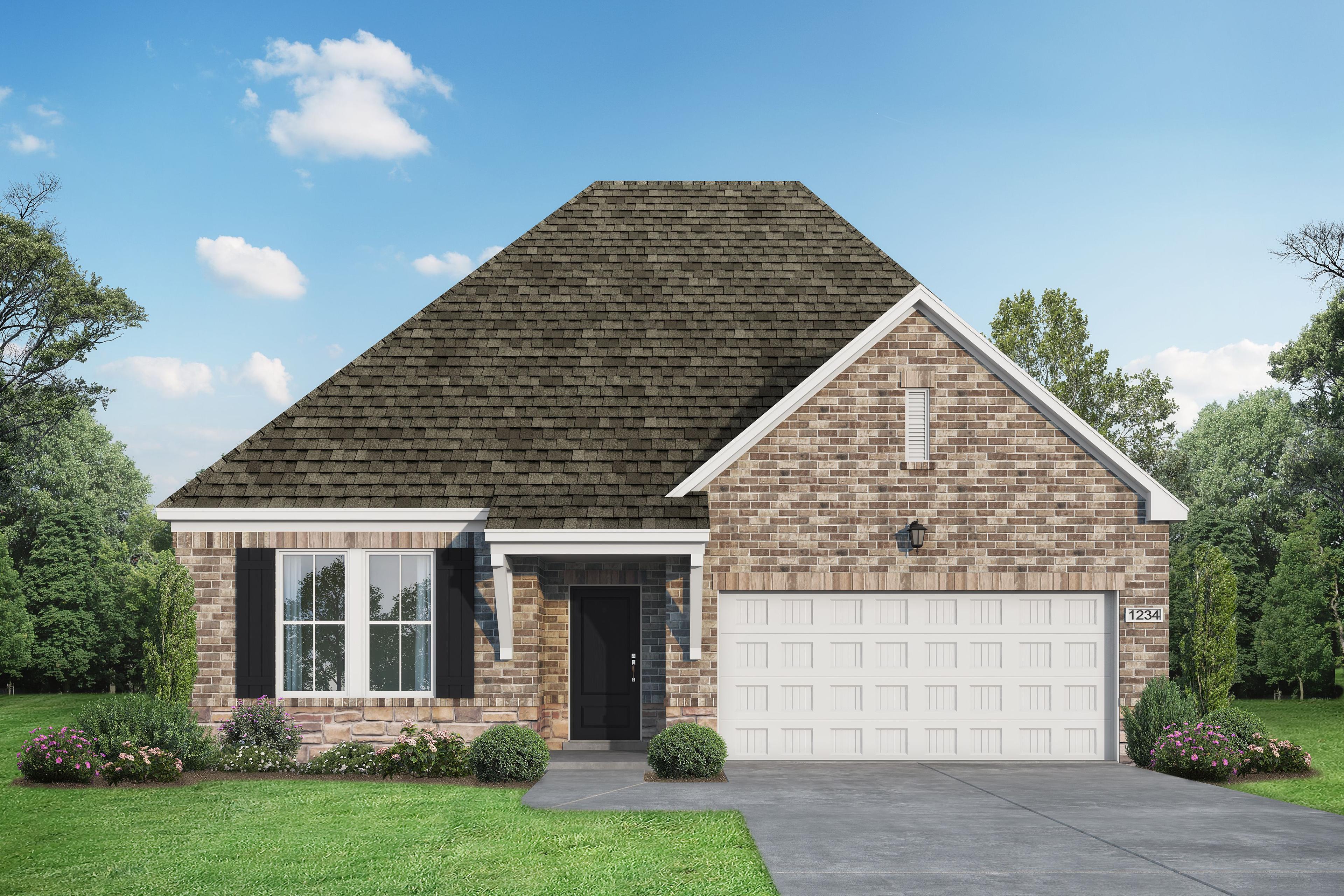 Brick single-story Laurel M home elevation with gabled shingle roof, two-car garage, and landscaped yard in Royse City Texas