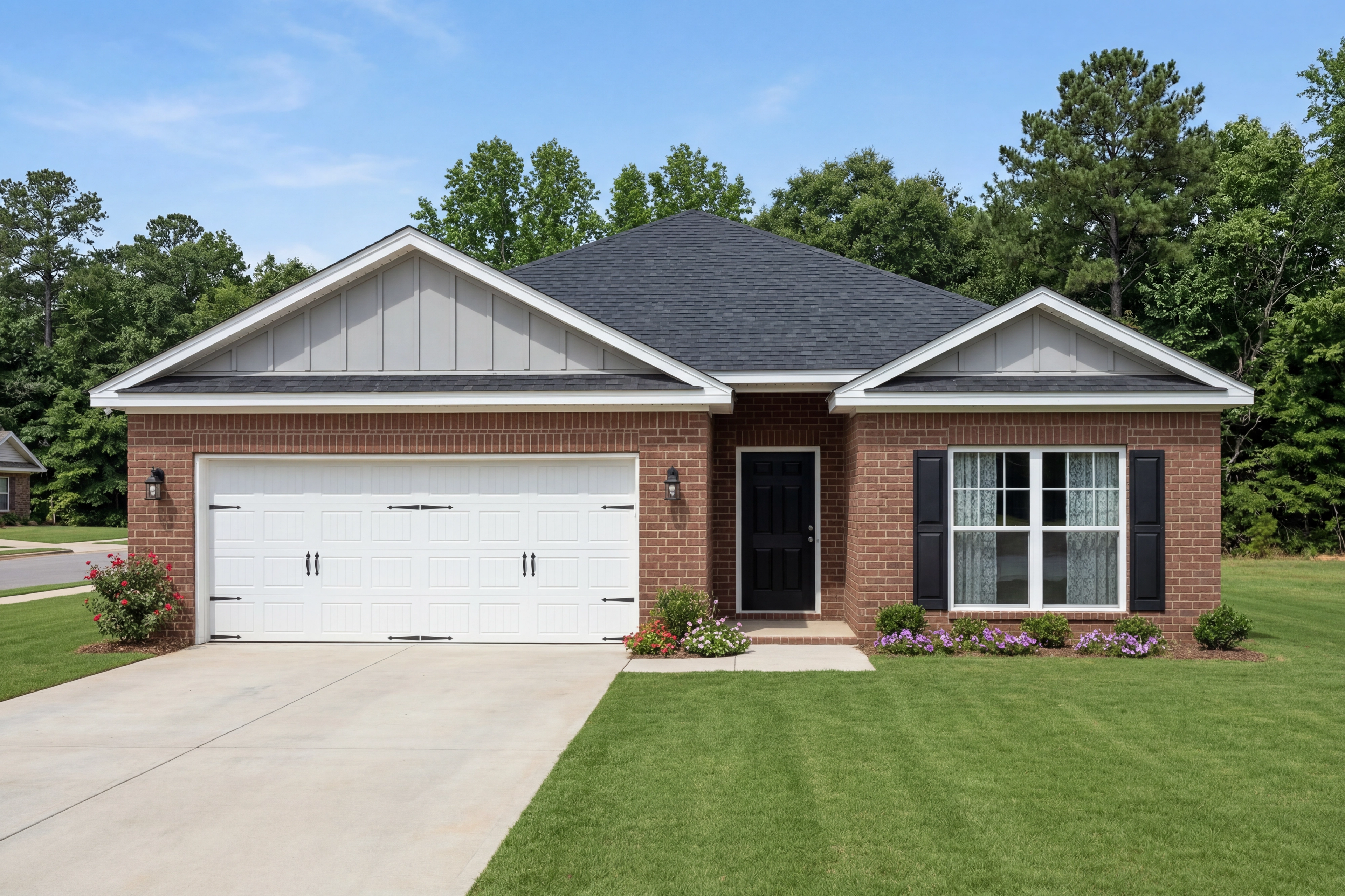 The Everett single-family home design in Cullman, Alabama featuring a brick exterior and two-car garage.
