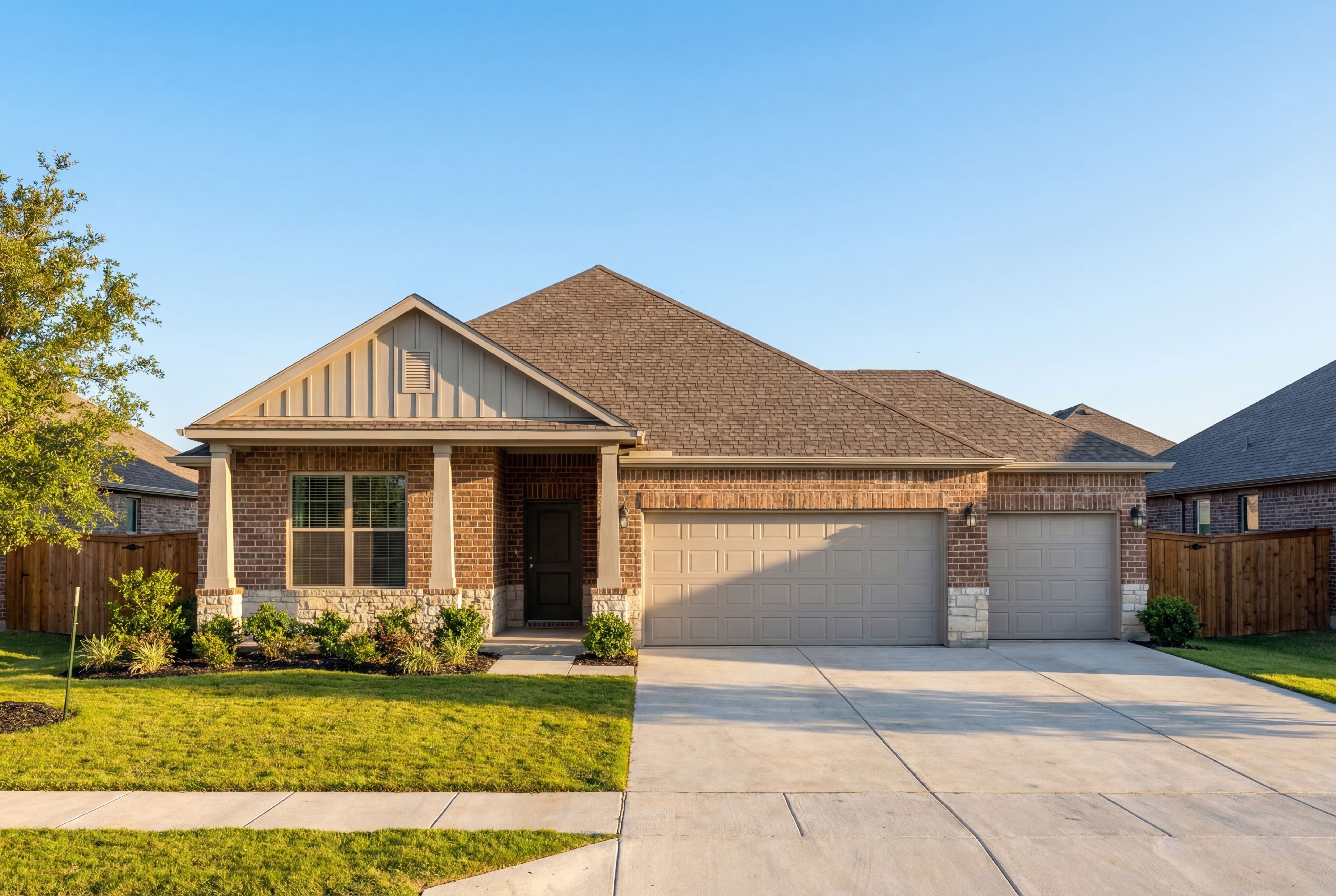 The Daphne H single-story home exterior in Josephine Texas featuring brick accents, siding, 3-car garage, and landscaped yard